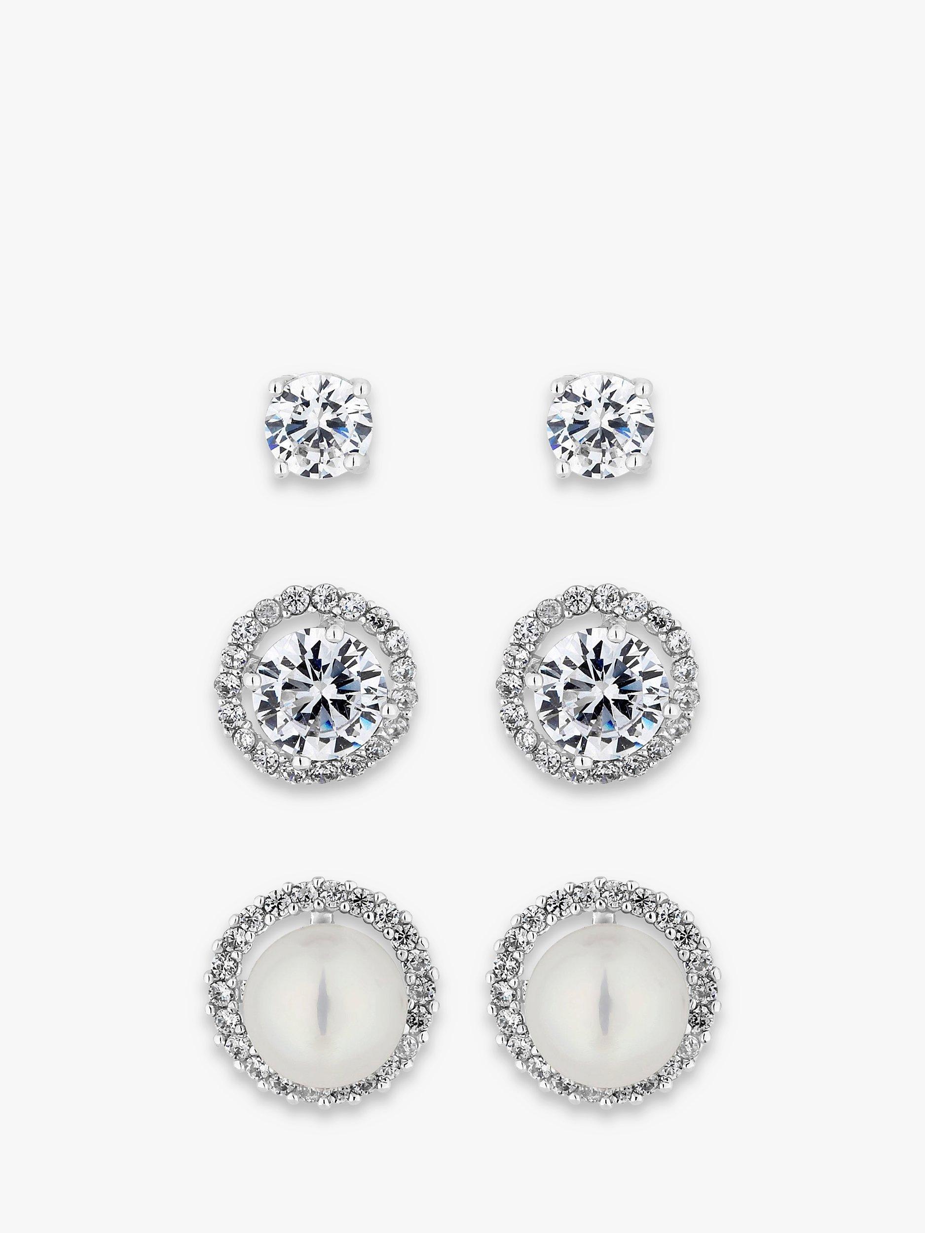 Product image 1 of 1, which shows Jon Richard Bridal Crystal & Faux Pearl Halo Stud Earrings, Pack of 3, Silver