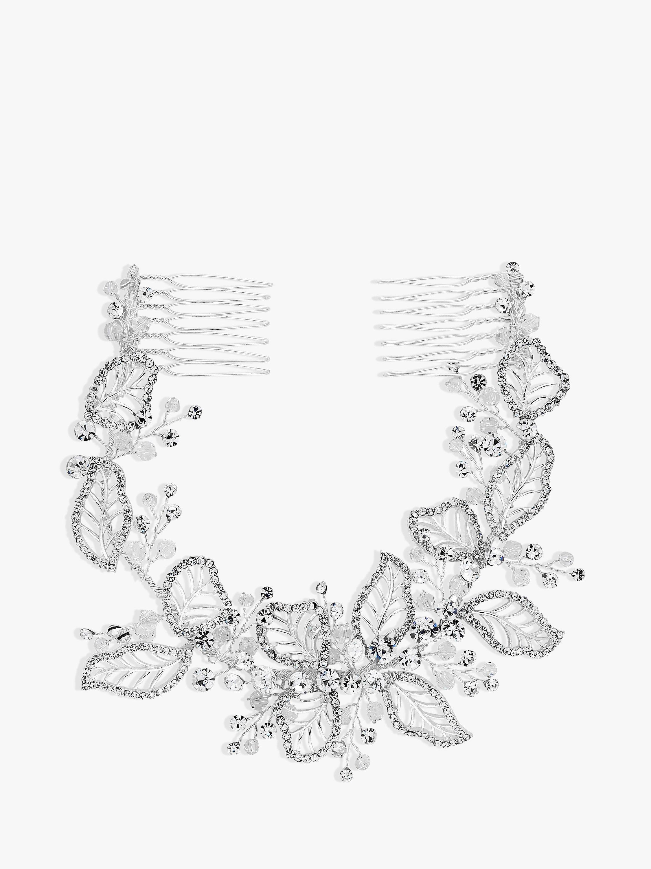 Product image 1 of 3, which shows Jon Richard Bridal Olivia Crystal Pave Leaf Double Hair Comb, Silver