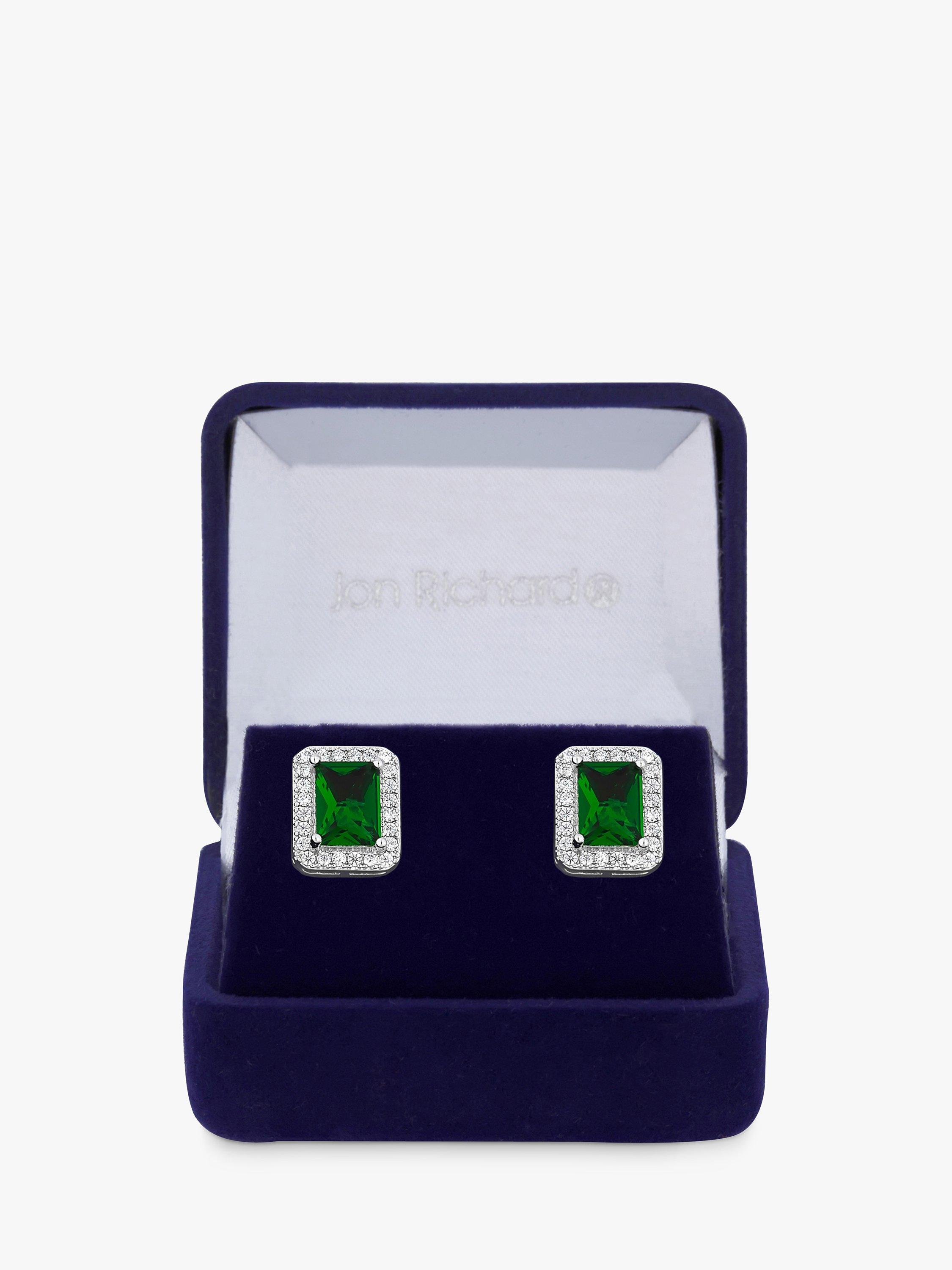 Product image 1 of 3, which shows Jon Richard Cubic Zirconia Rounded Rectangle Stud Earrings, Silver/Green