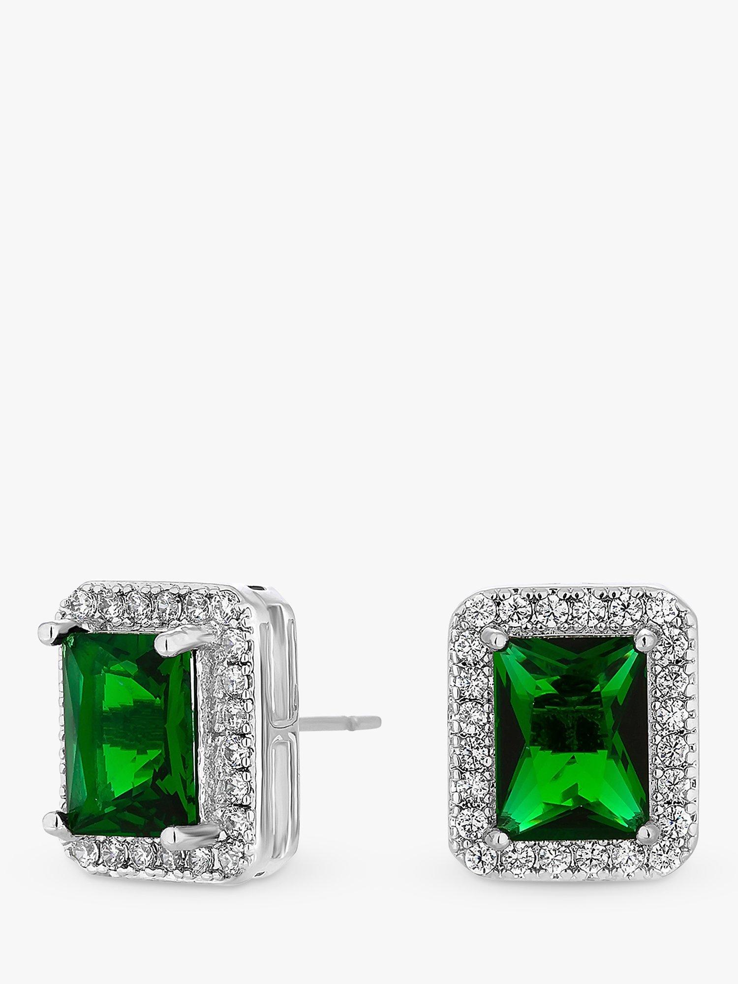 Product image 2 of 3, which shows Jon Richard Cubic Zirconia Rounded Rectangle Stud Earrings, Silver/Green
