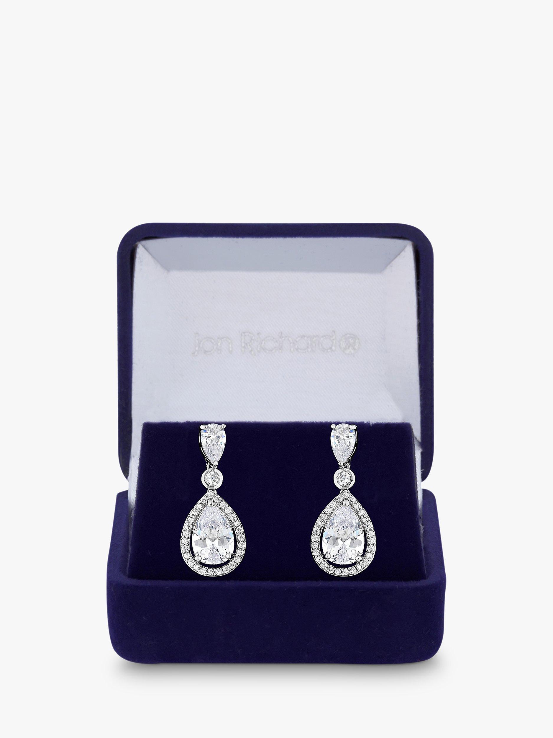 Product image 1 of 2, which shows Jon Richard Cubic Zirconia Pear Shaped Drop Earrings, Silver