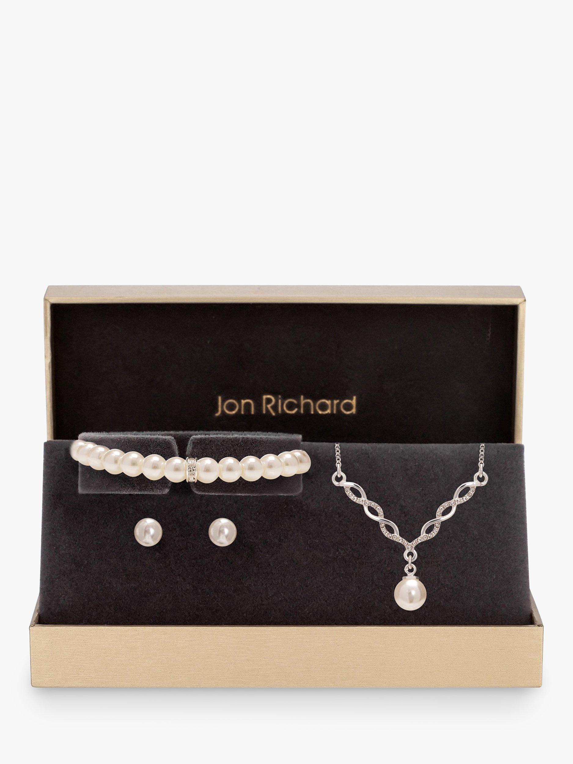 Product image 1 of 4, which shows Jon Richard Glass & Pearls Twist Pendant Necklace, Bracelet and Drop Earrings Jewellery Gift Set, Silver