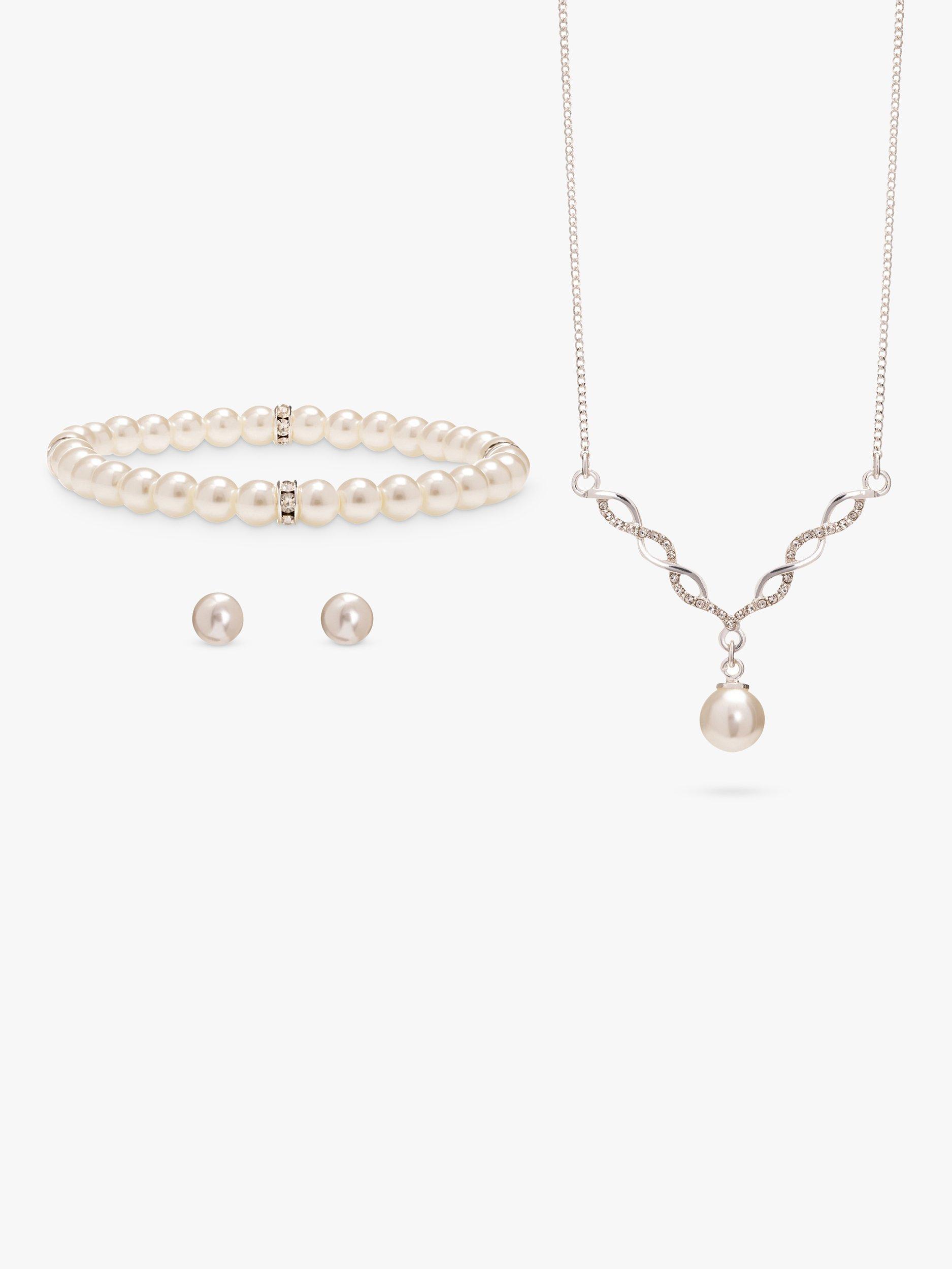 Product image 2 of 4, which shows Jon Richard Glass & Pearls Twist Pendant Necklace, Bracelet and Drop Earrings Jewellery Gift Set, Silver