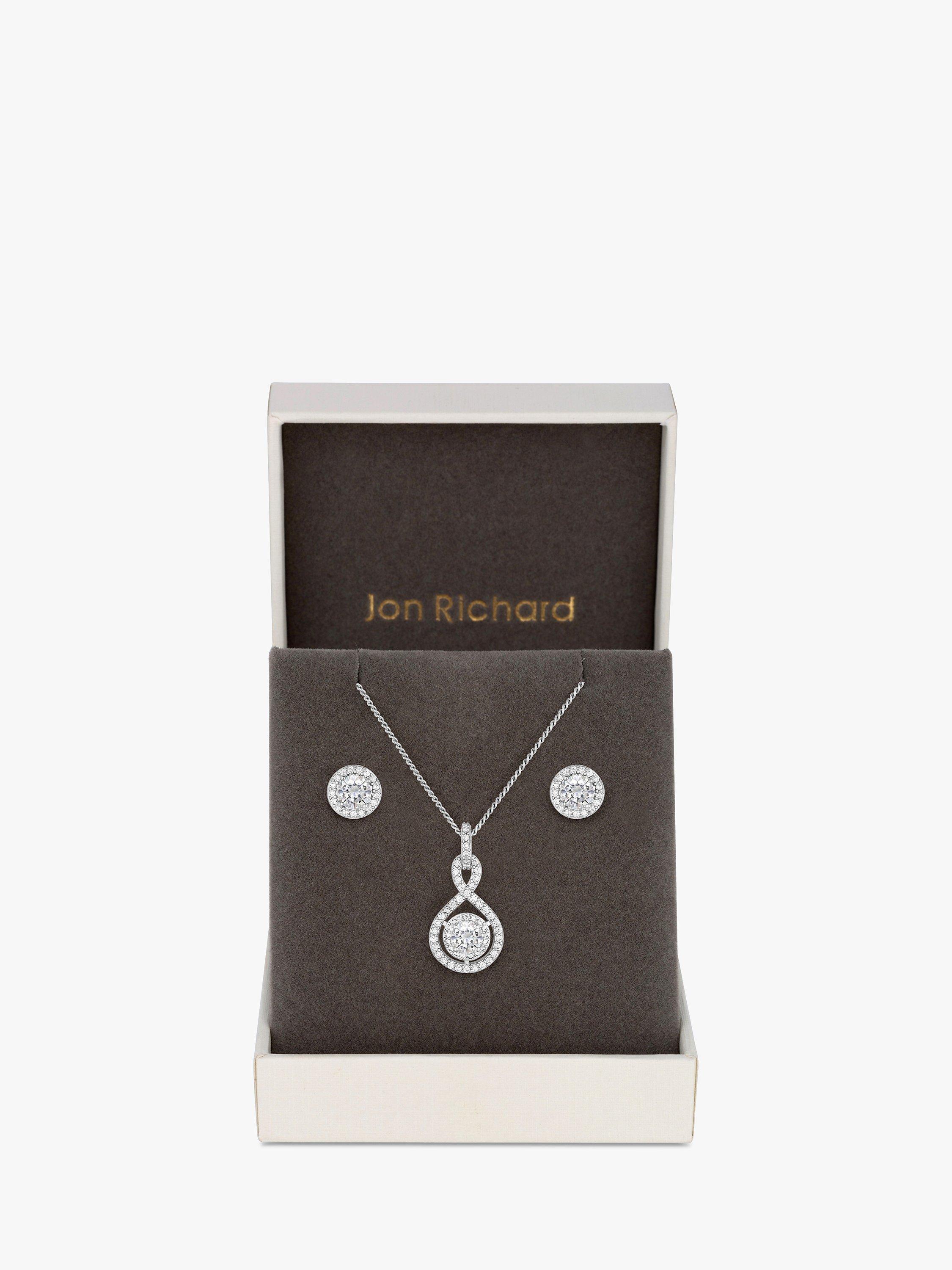 Product image 1 of 2, which shows Jon Richard Cubic Zirconia Halo Infinity Necklace and Earrings Jewellery Set, Silver