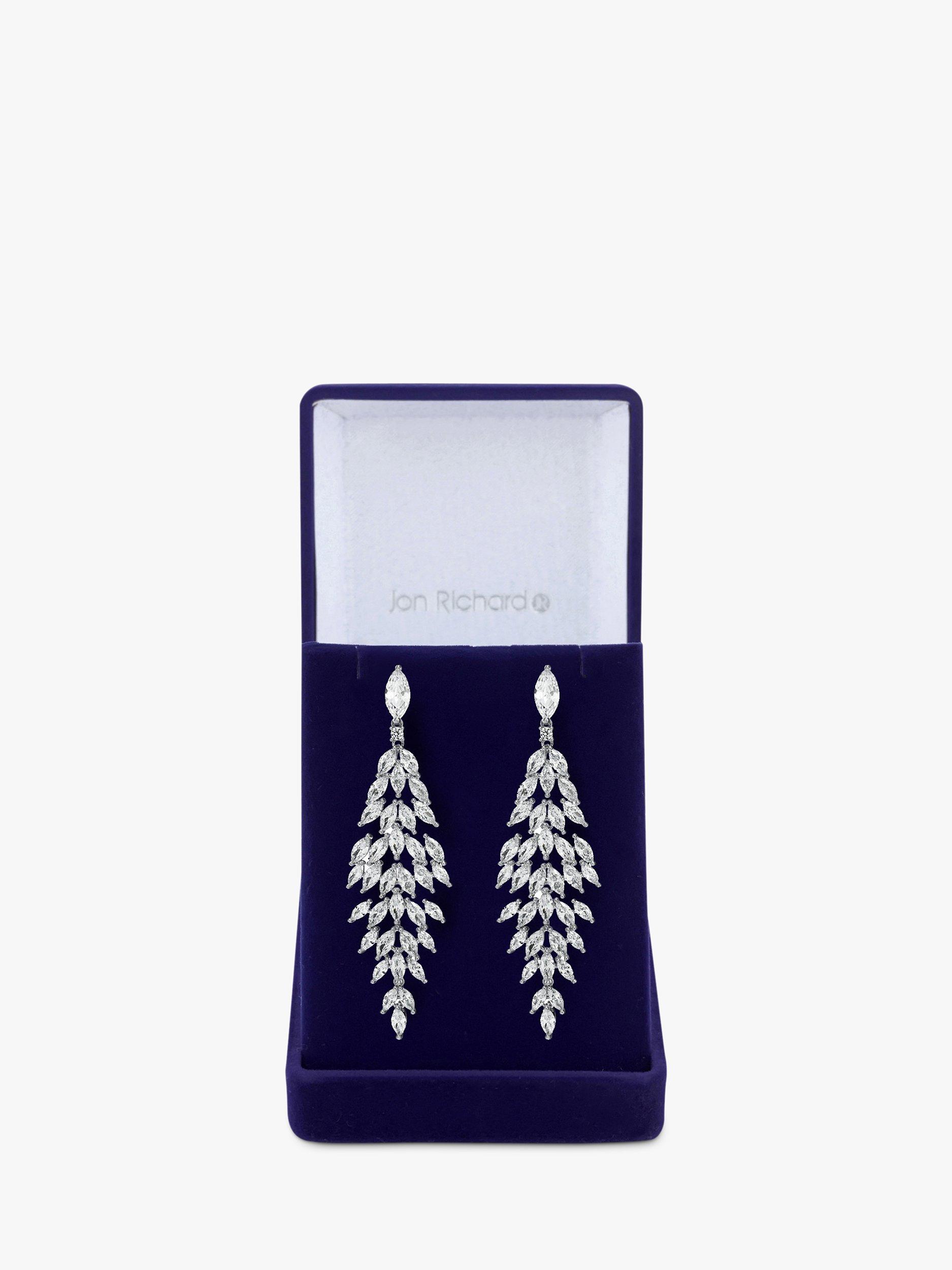 Product image 1 of 3, which shows Jon Richard Navette Cubic Zirconia Drop Earrings, Silver