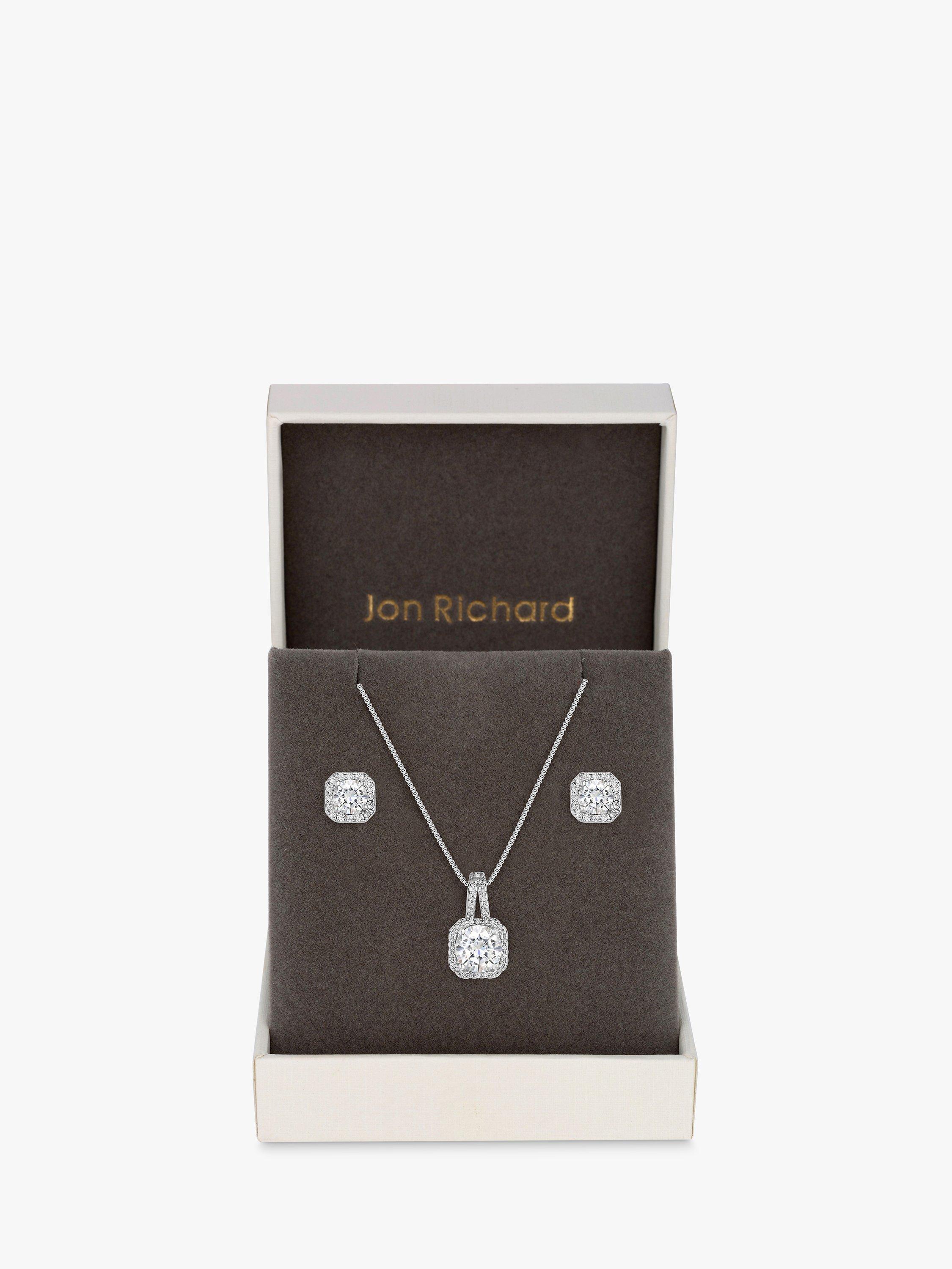 Jon Richard Cubic Zirconia Square Drop Necklace and Earrings Jewellery Set, Clear/Silver