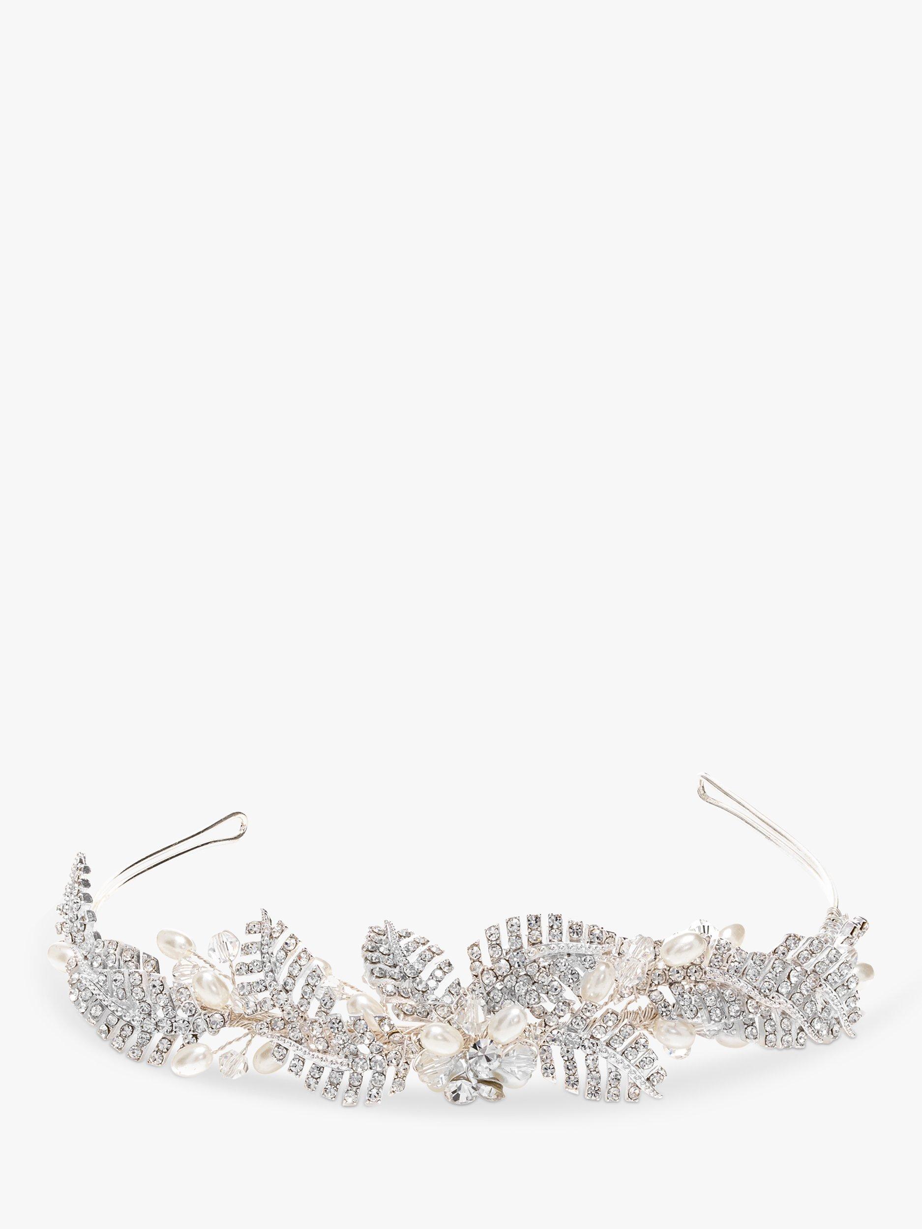Product image 1 of 2, which shows Jon Richard Bridal Crystal and Pearl Pave Leaf Tiara, Silver
