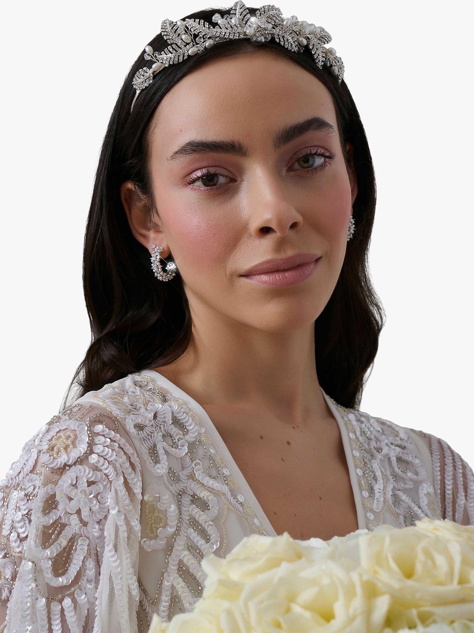 Product image 2 of 2, which shows Jon Richard Bridal Crystal and Pearl Pave Leaf Tiara, Silver