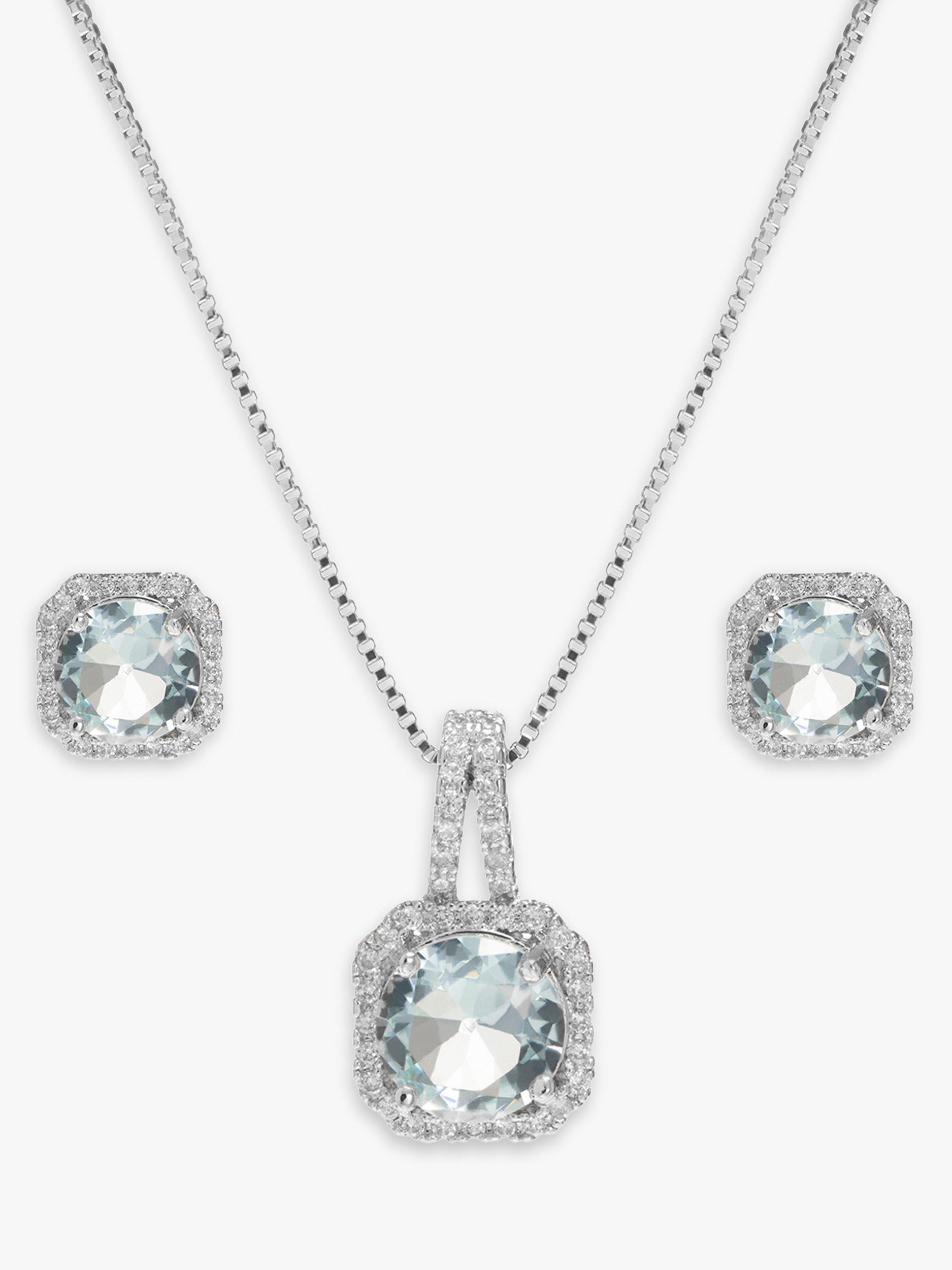 Product image 2 of 2, which shows Jon Richard Cubic Zirconia Square Drop Necklace and Earrings Jewellery Set, Blue/Silver