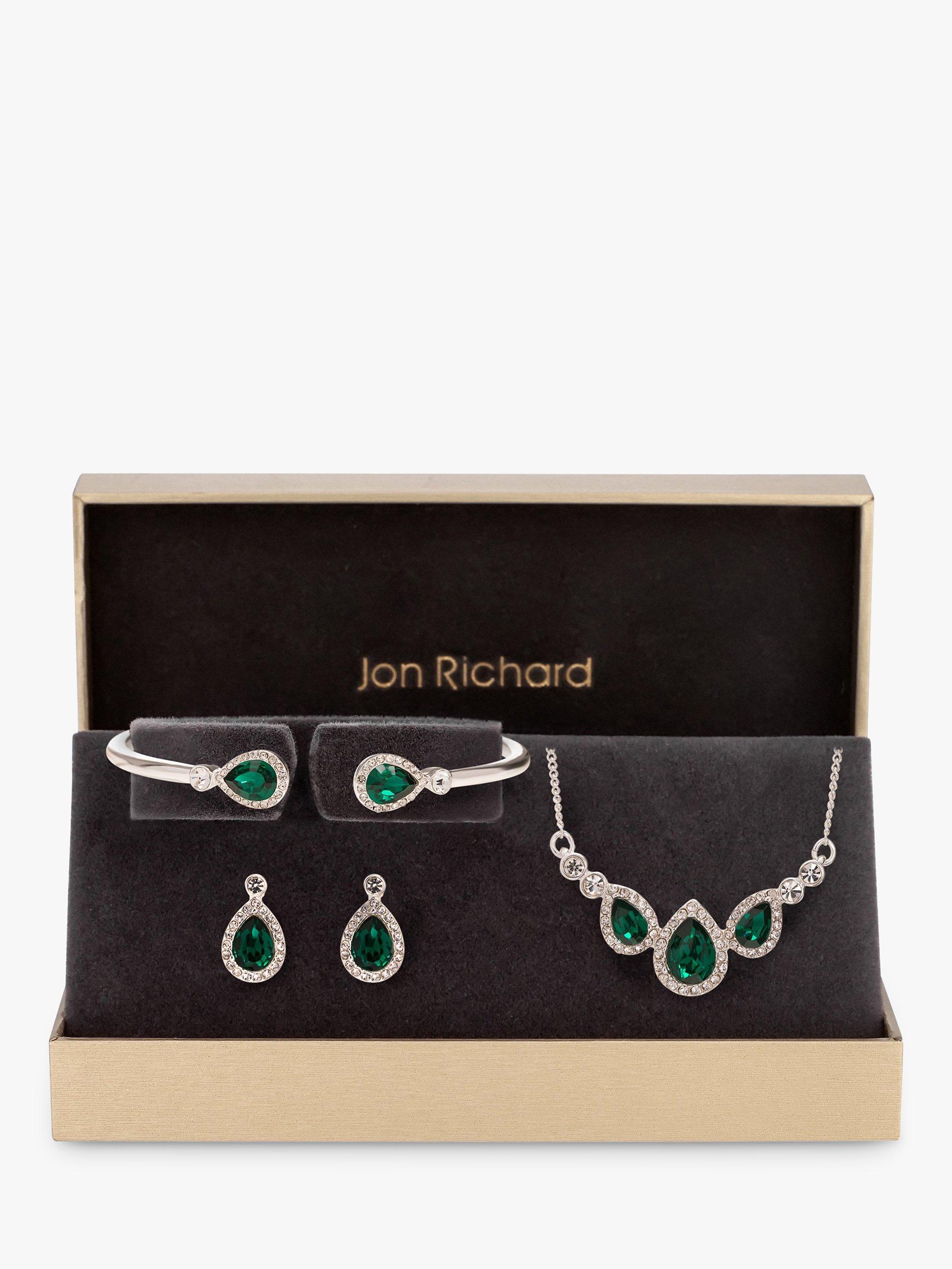 Product image 1 of 2, which shows Jon Richard Crystal Chain Necklace, Bracelet and Drop Earrings Jewellery Gift Set, Silver/Green