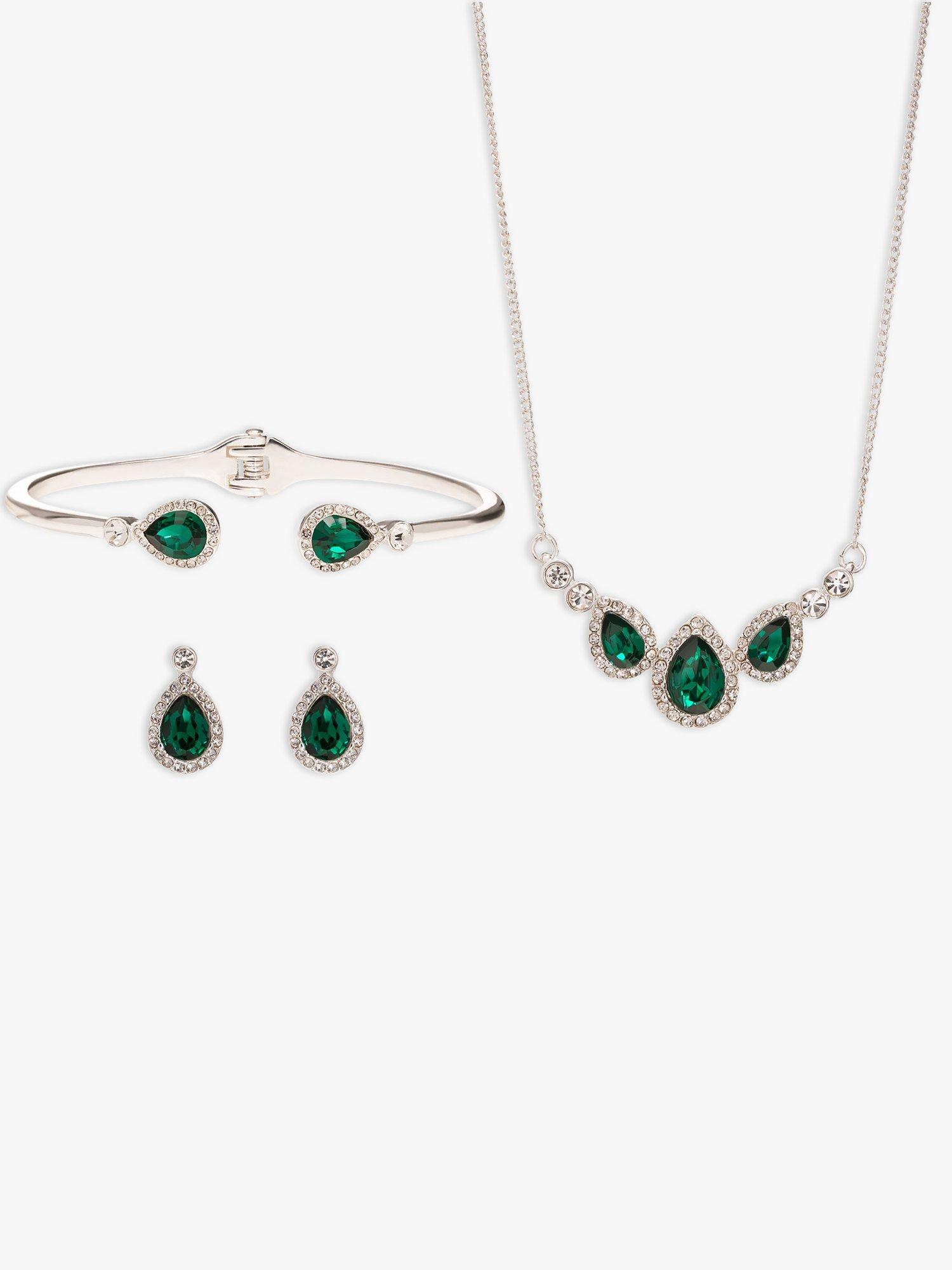 Product image 2 of 2, which shows Jon Richard Crystal Chain Necklace, Bracelet and Drop Earrings Jewellery Gift Set, Silver/Green