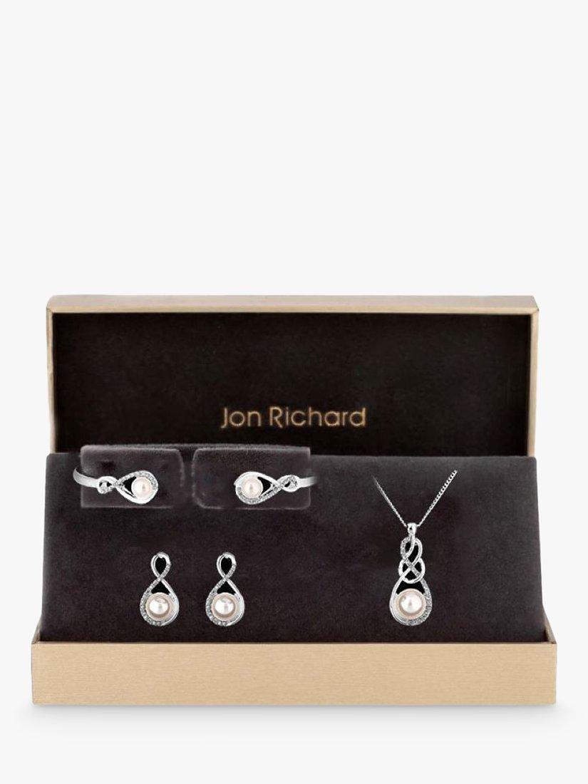 Product image 1 of 2, which shows Jon Richard Pearl & Crystal Infinity Pendant Necklace, Bracelet and Drop Earrings Jewellery Gift Set, Silver