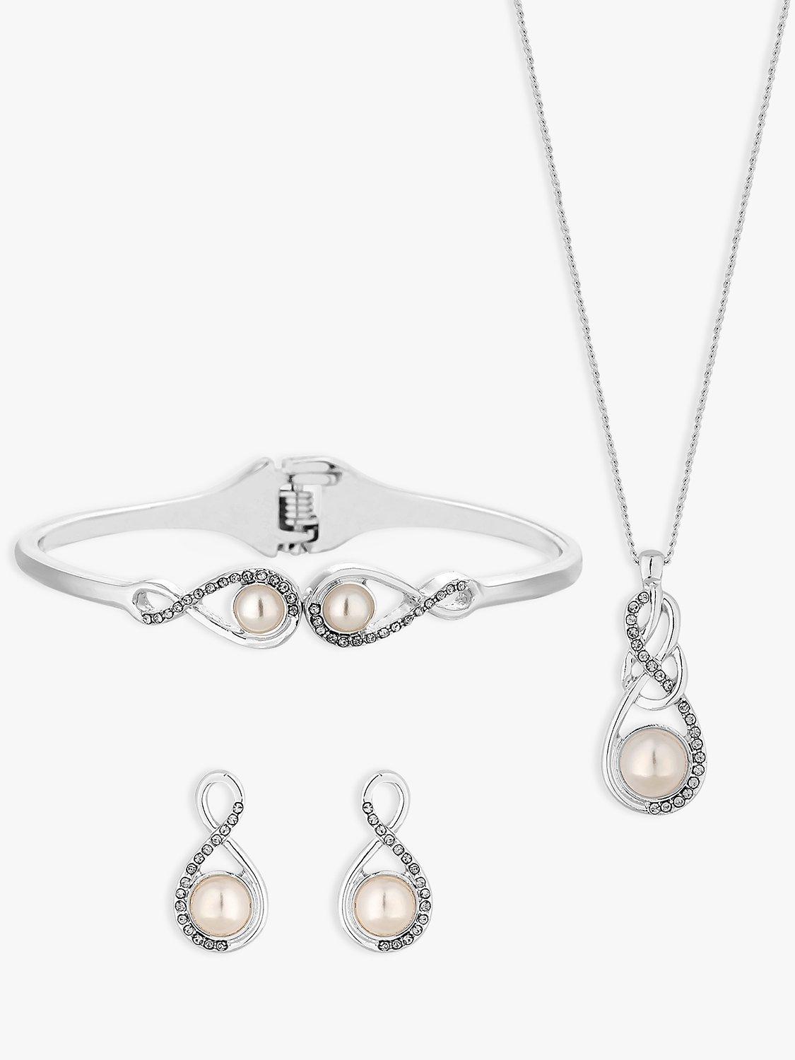 Product image 2 of 2, which shows Jon Richard Pearl & Crystal Infinity Pendant Necklace, Bracelet and Drop Earrings Jewellery Gift Set, Silver