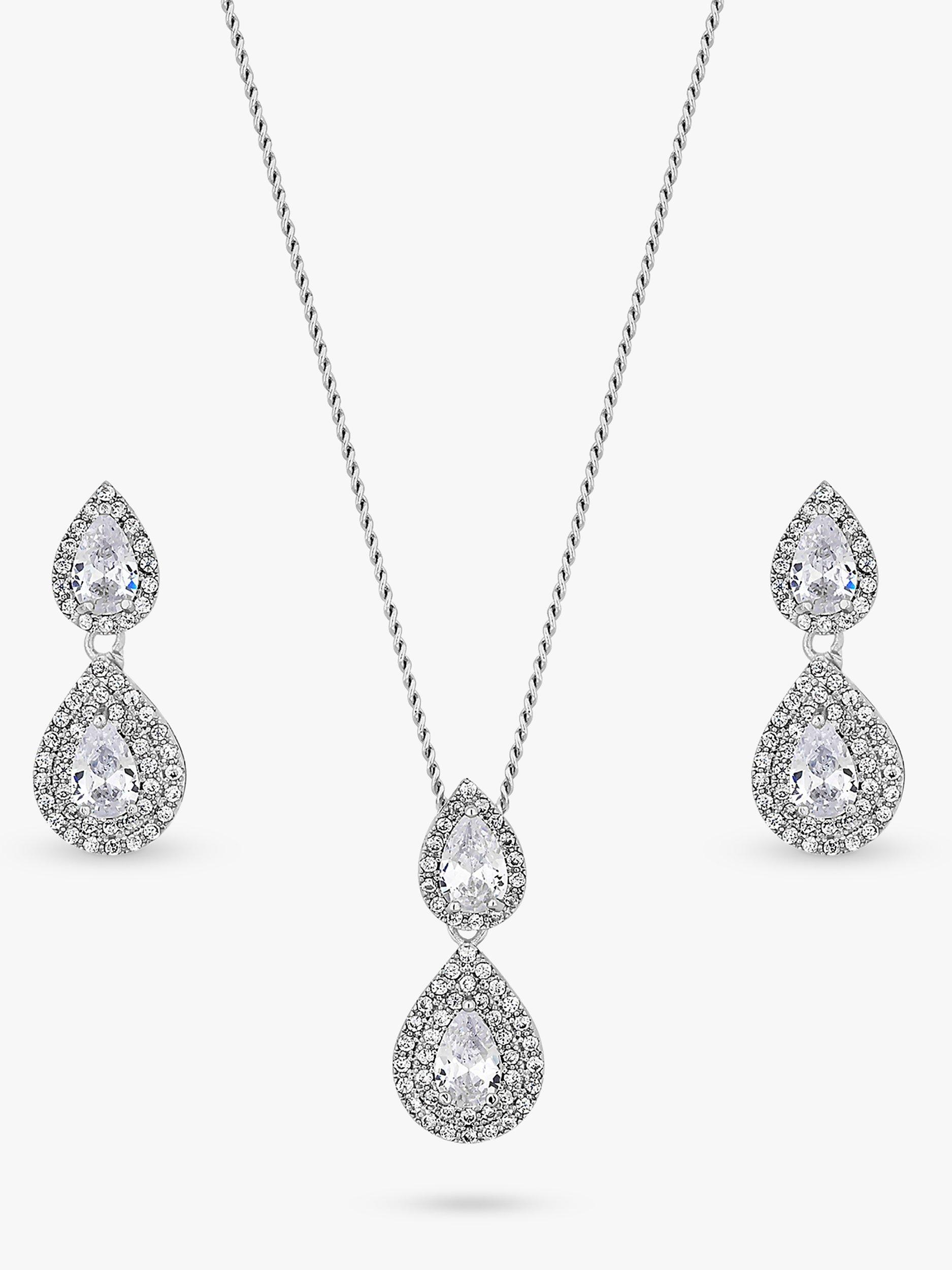 Product image 2 of 2, which shows Jon Richard Cubic Zirconia Pear Shaped Double Drop Necklace and Earrings Jewellery Set, Silver
