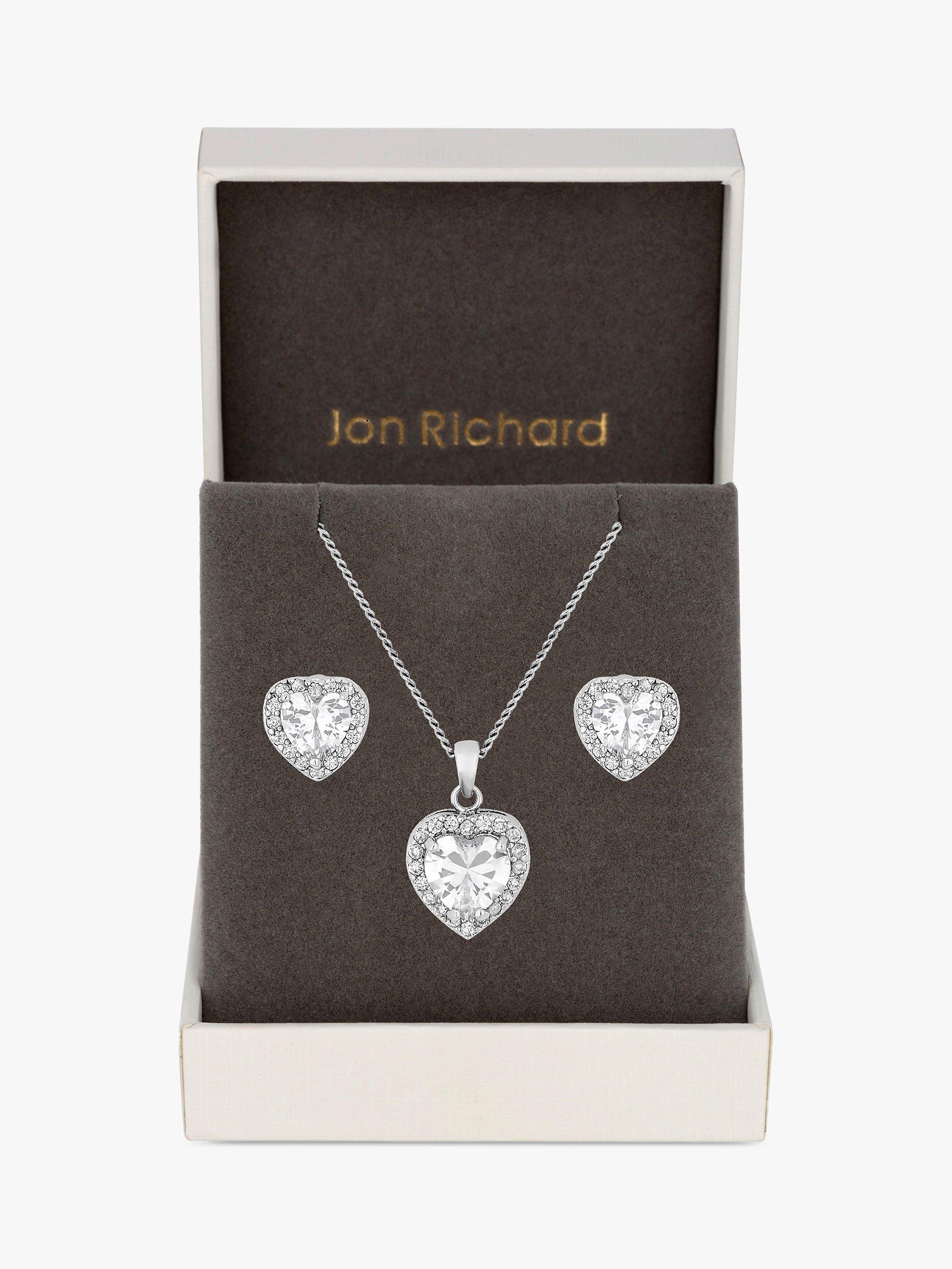 Product image 1 of 4, which shows Jon Richard Cubic Zirconia Pave Heart Necklace and Earrings Jewellery Set, Silver