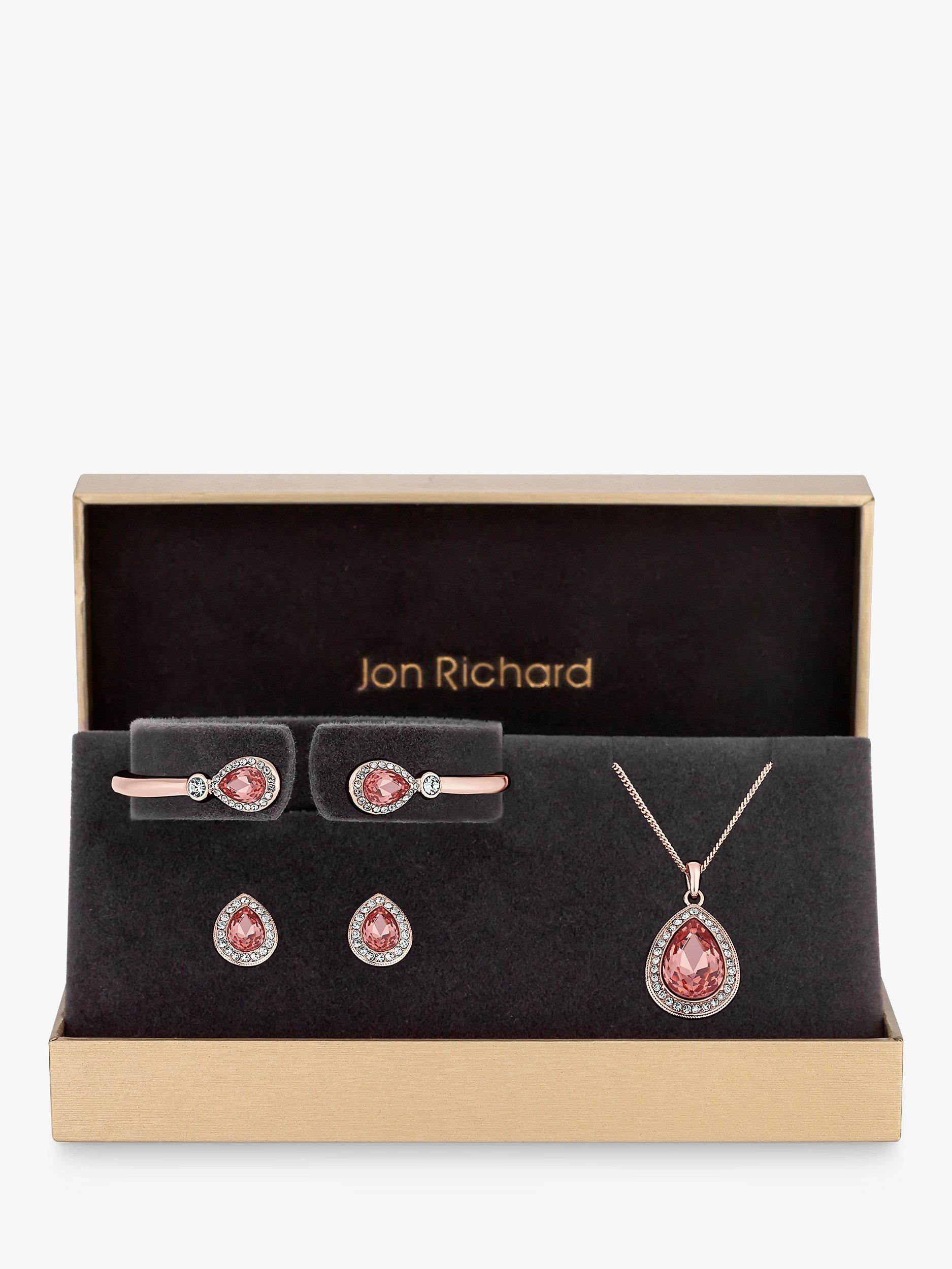 Product image 1 of 2, which shows Jon Richard Glass Teardrop Pendant Necklace, Bracelet and Drop Earrings Jewellery Gift Set, Rose Gold/Pink