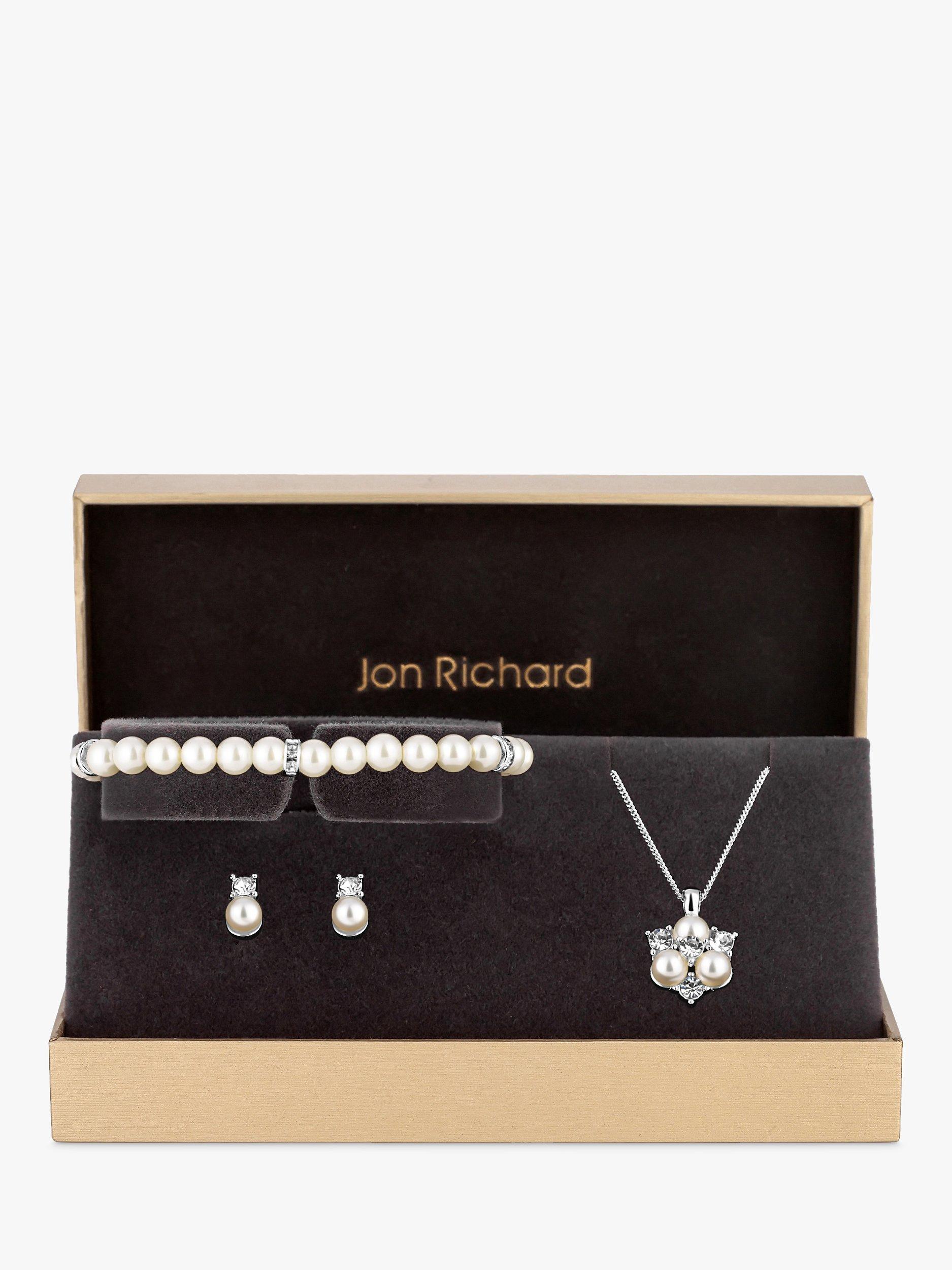 Product image 1 of 2, which shows Jon Richard Pearl & Crystals Pendant Necklace, Bracelet and Drop Earrings Jewellery Gift Set, Silver