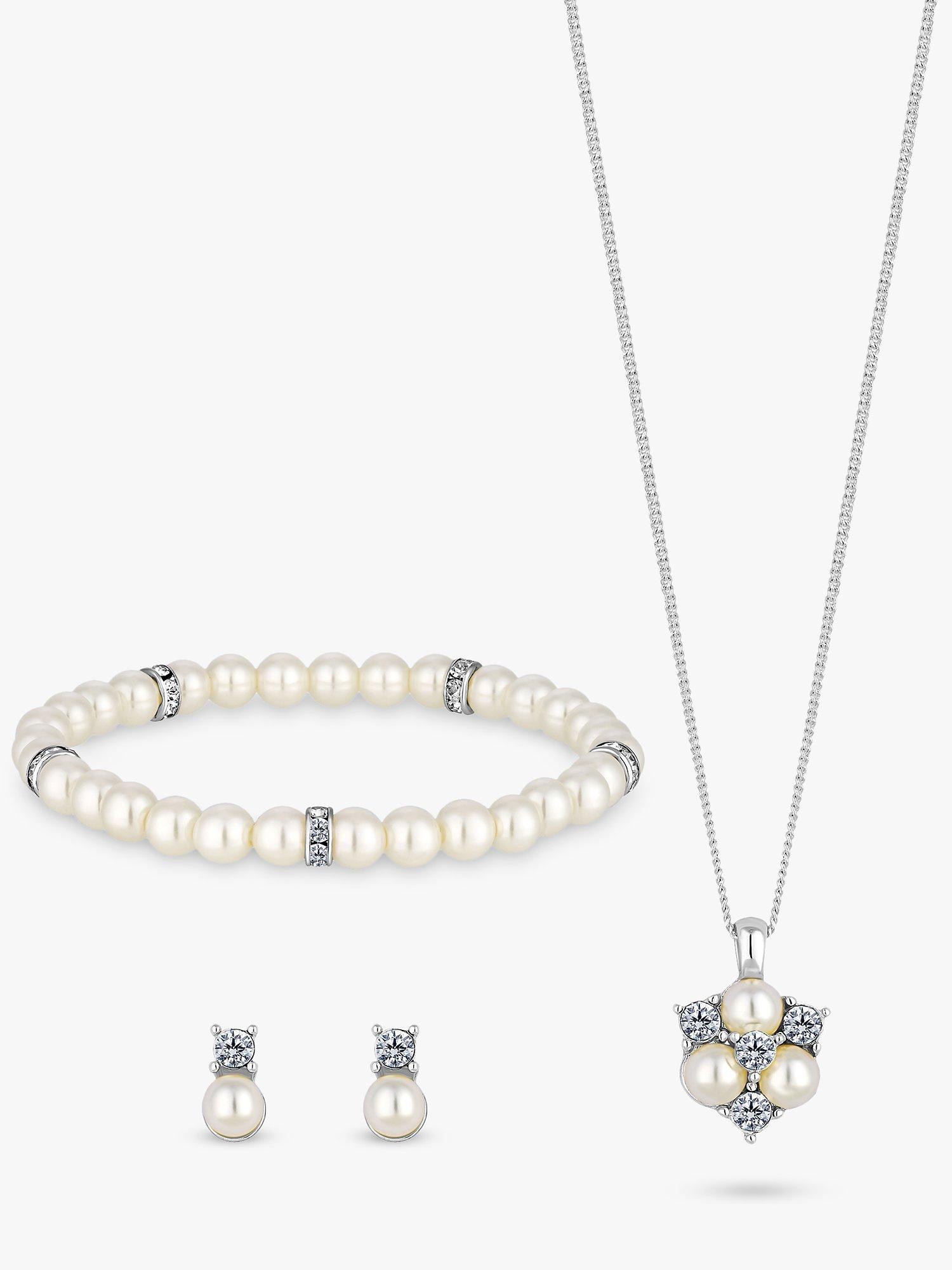 Product image 2 of 2, which shows Jon Richard Pearl & Crystals Pendant Necklace, Bracelet and Drop Earrings Jewellery Gift Set, Silver