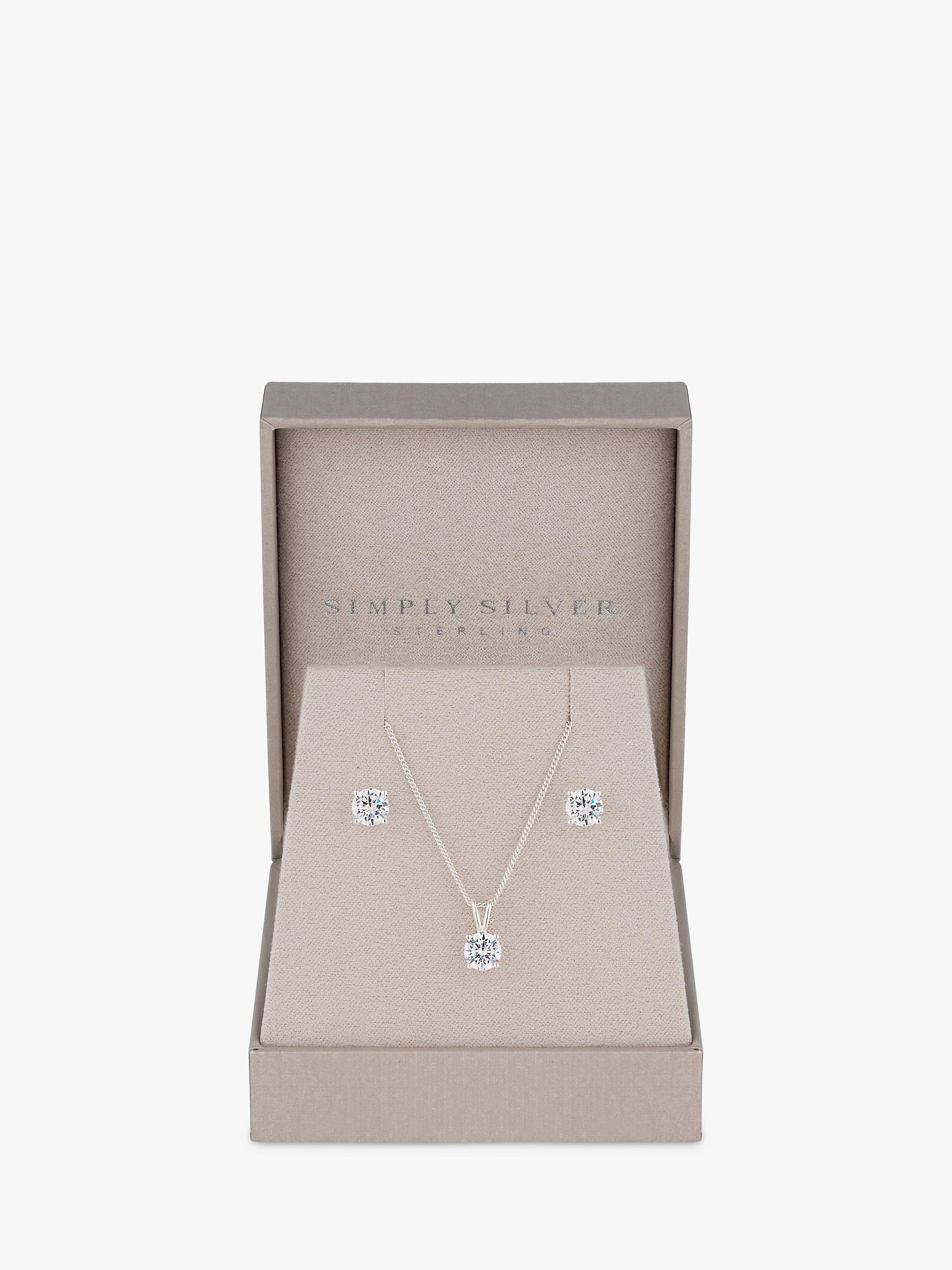 Product image 1 of 2, which shows Simply Silver Cubic Zirconia Round Pendant Necklace and Stud Earrings Jewellery Gift Set, Silver