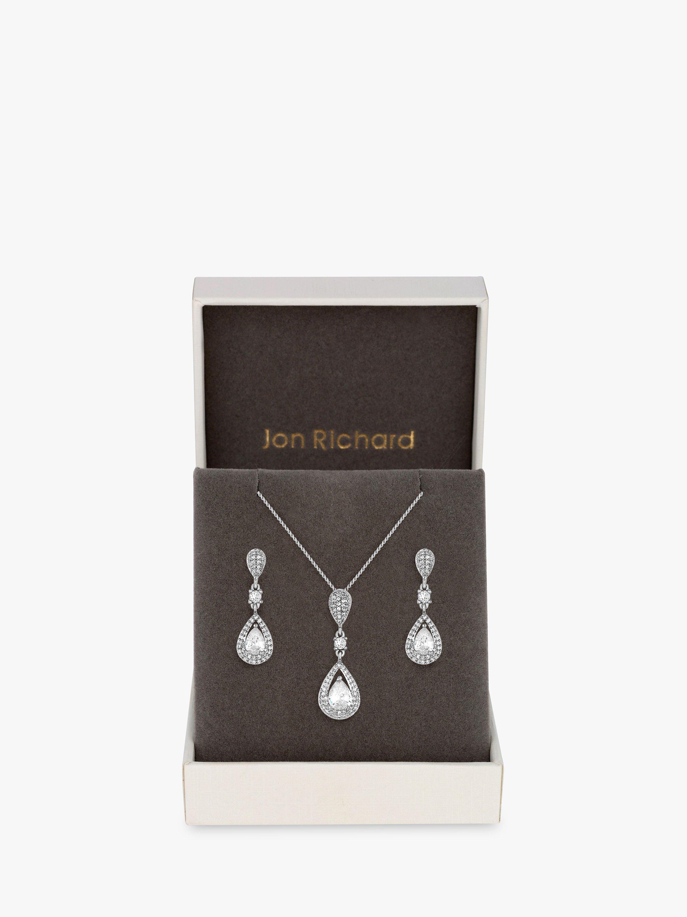 Product image 1 of 2, which shows Jon Richard Cubic Zirconia Pear Drop Necklace and Earrings Jewellery Set, Silver