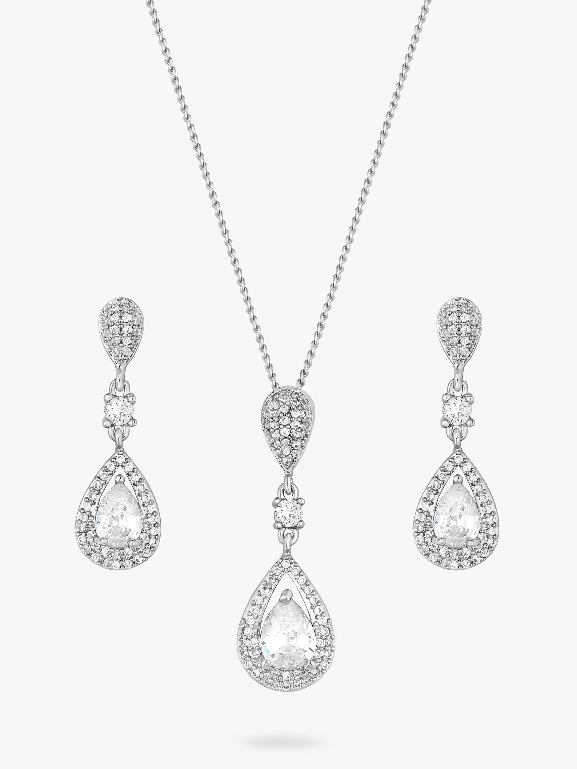 Product image 2 of 2, which shows Jon Richard Cubic Zirconia Pear Drop Necklace and Earrings Jewellery Set, Silver