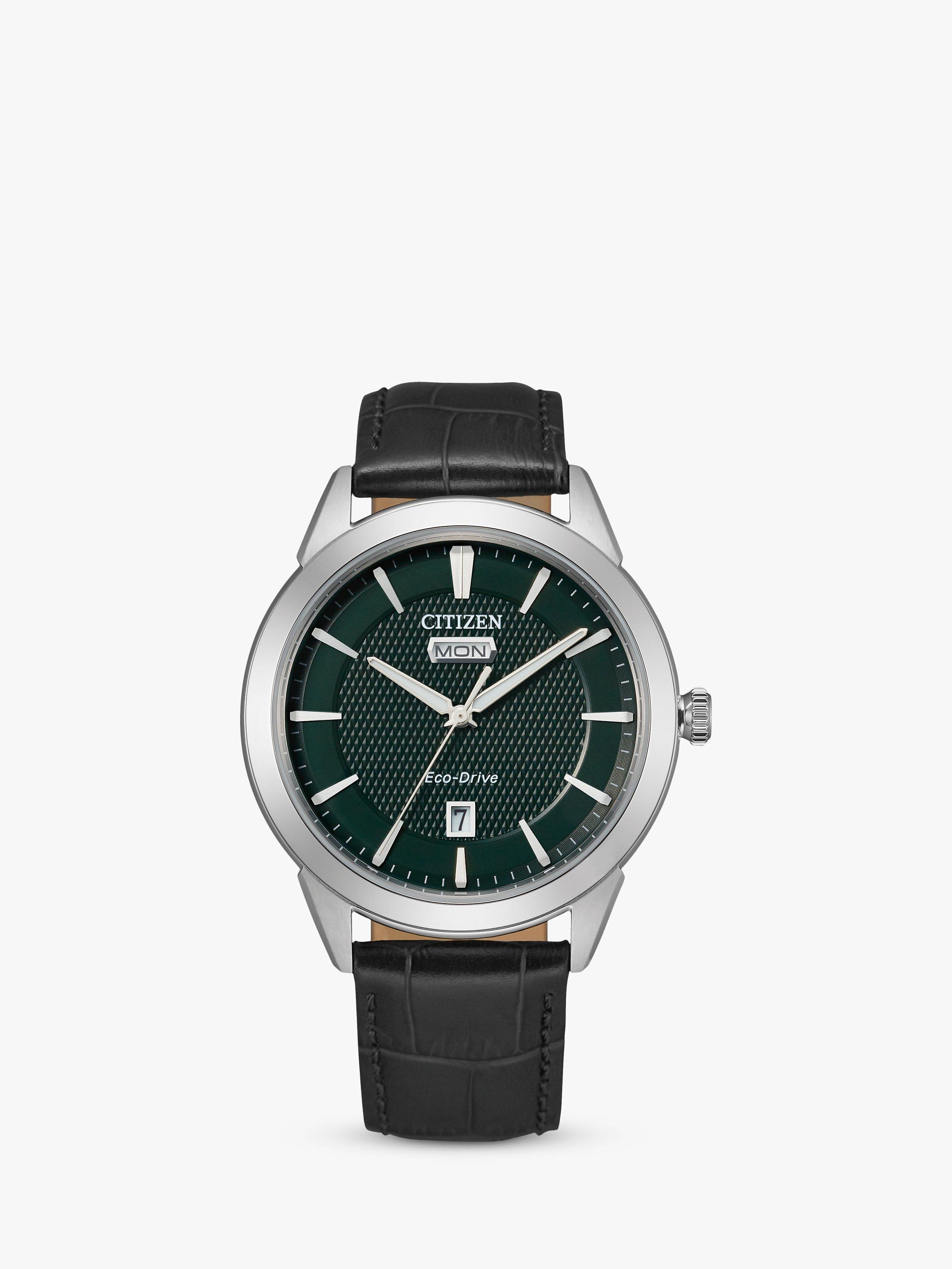Citizen AW0090 02X Men s Dress Classic Eco Drive Date Leather Strap Watch Black Green