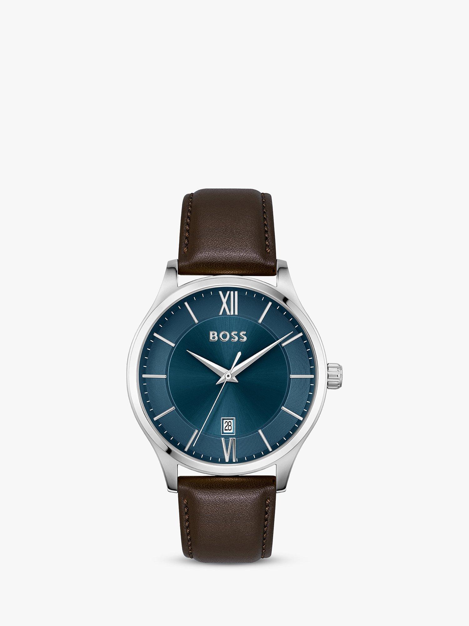 BOSS Men's Elite Date Leather Strap Watch, Brown/Blue 1513955