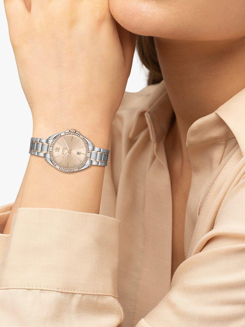 Product image 2 of 5, which shows BOSS 1502622 Women's Felina Date Bracelet Strap Watch, Silver/Champagne