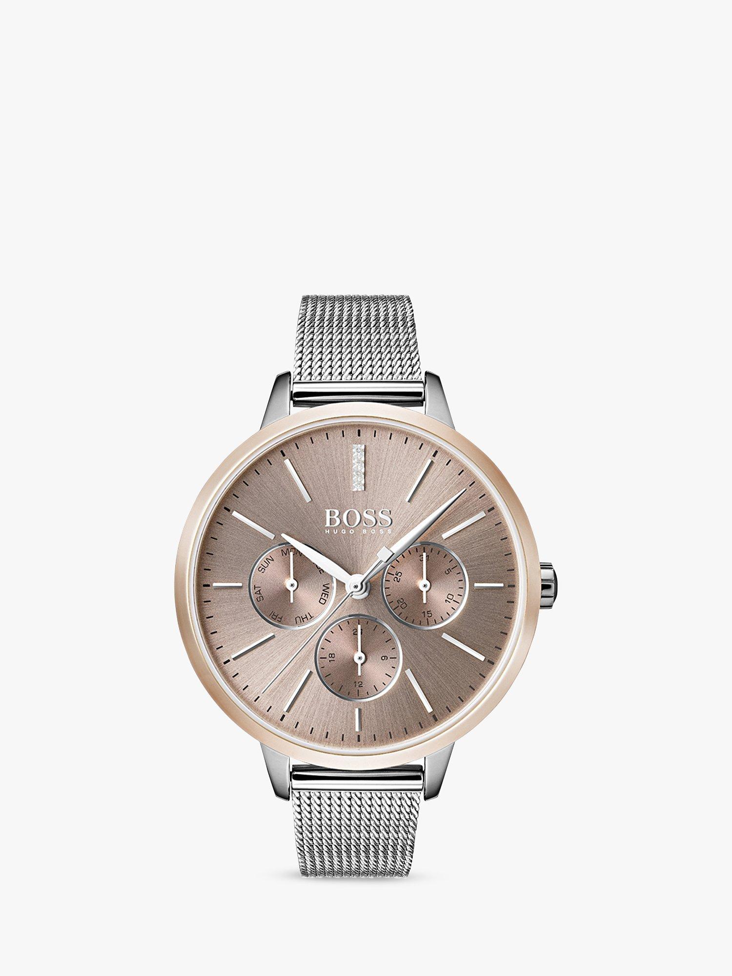 BOSS Women's Symphony Day Date Mesh Bracelet Strap Watch, Silver/Rose Gold 1502423