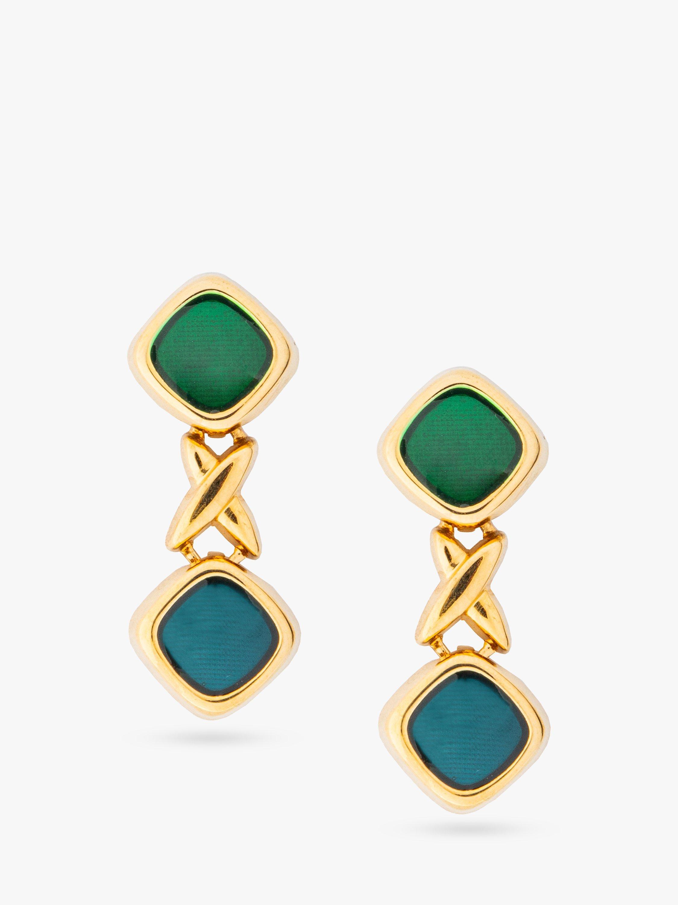 Product image 1 of 1, which shows Eclectica Pre-Loved Gold Plated Enamel Drop Earrings, Dated Circa 1980s, Gold/Green/Blue