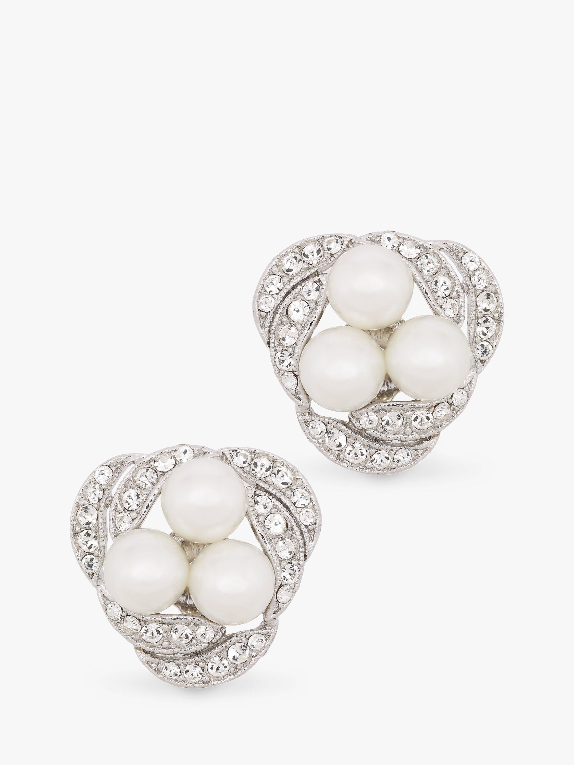 Product image 1 of 2, which shows Eclectica Pre-Loved Trio Faux Pearl & Swarovski Crystals Swirl Clip On Earrings, Silver/Cream