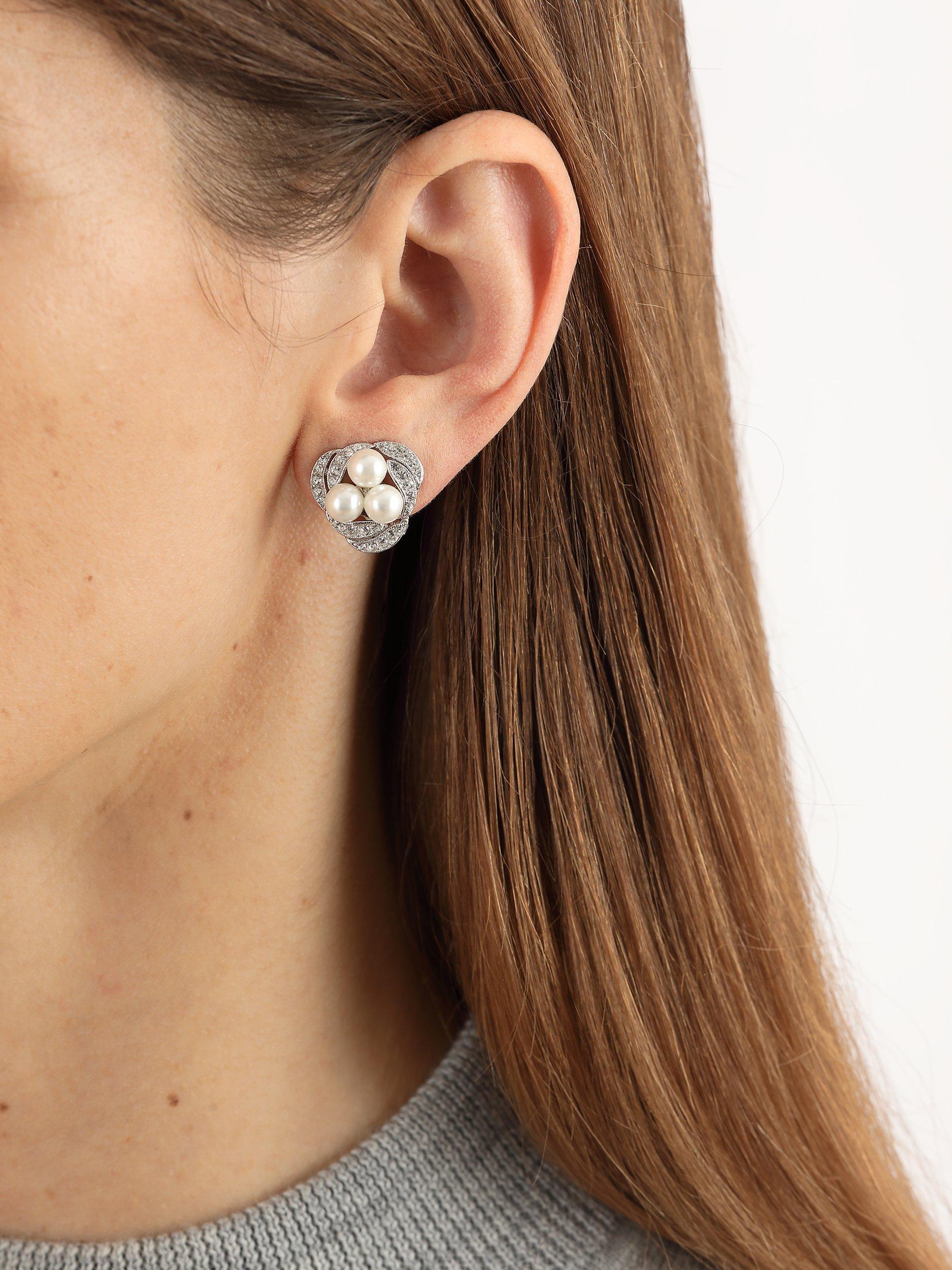 Product image 2 of 2, which shows Eclectica Pre-Loved Trio Faux Pearl & Swarovski Crystals Swirl Clip On Earrings, Silver/Cream