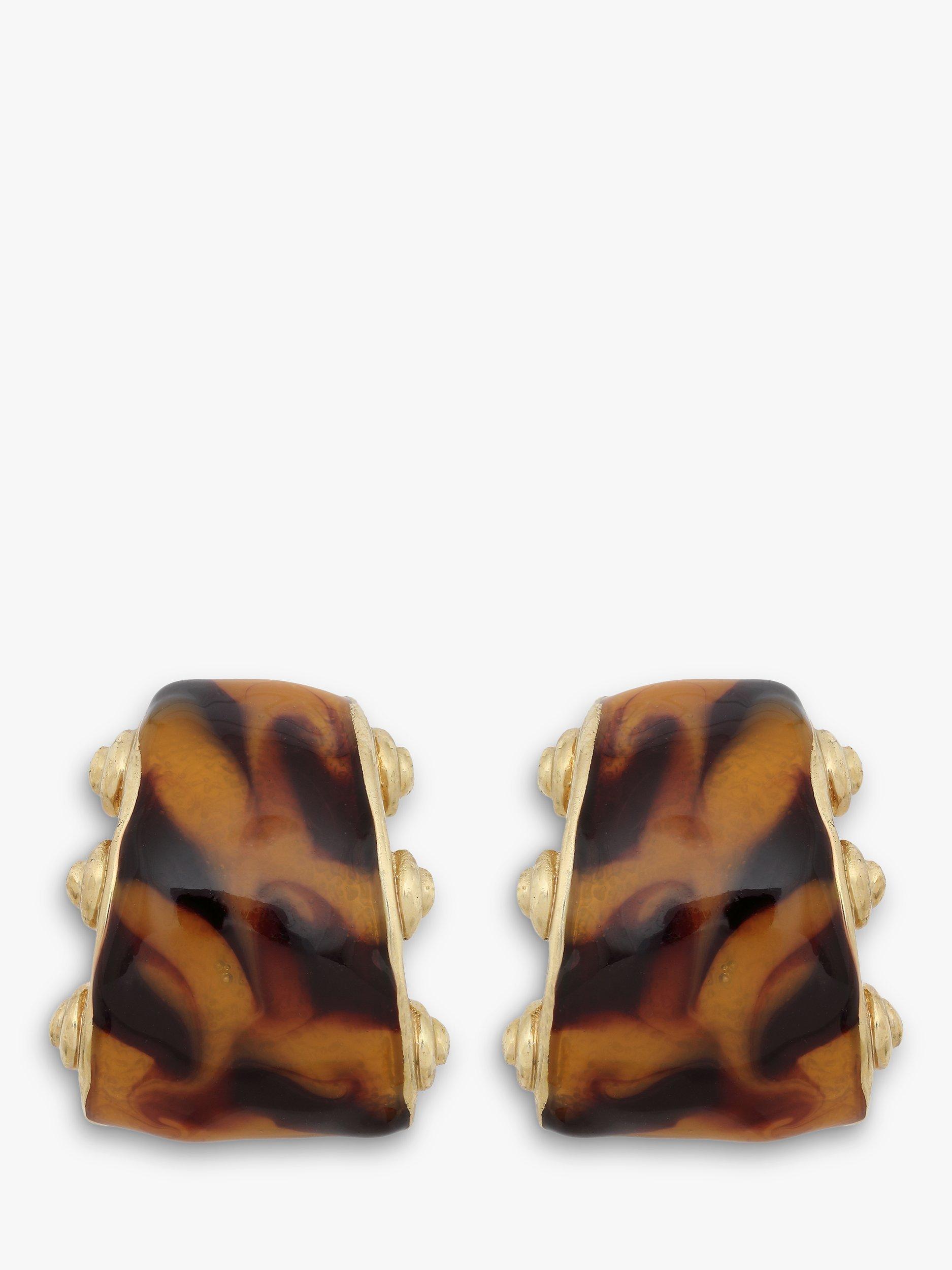 Product image 1 of 2, which shows Eclectica Pre-Loved Gold Plated Swirl Enamel Geometric Clip-On Stud Earrings, Dated Circa 1980s, Brown/Gold
