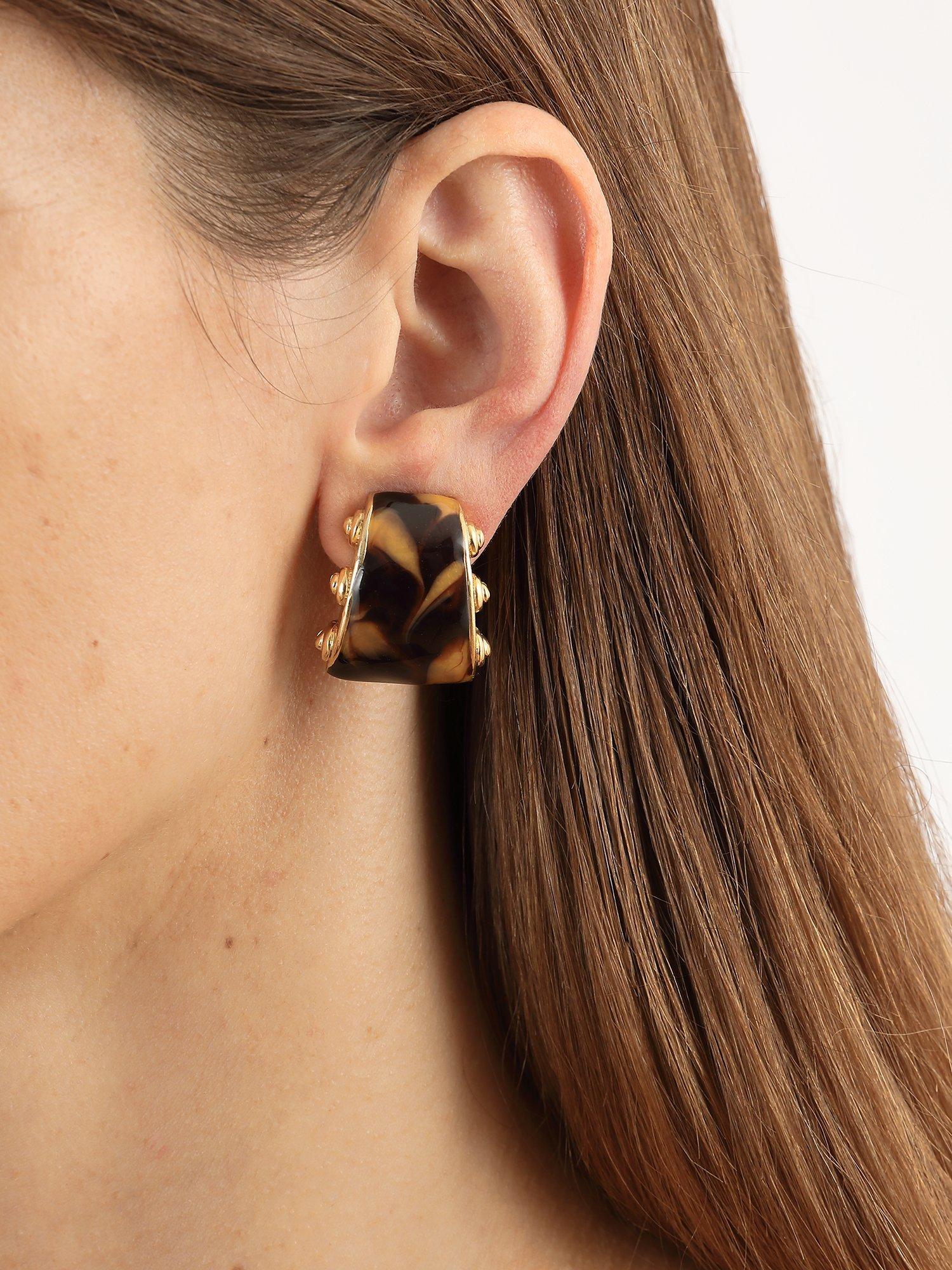 Product image 2 of 2, which shows Eclectica Pre-Loved Gold Plated Swirl Enamel Geometric Clip-On Stud Earrings, Dated Circa 1980s, Brown/Gold