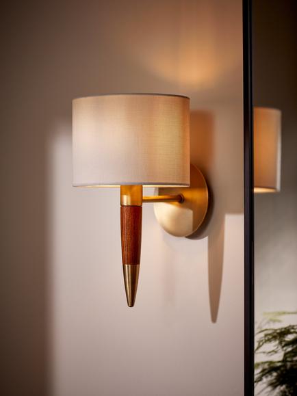 John Lewis Spindle Single Arm Wall Light, Antique Brass/Walnut Stained Ash - view 2, Antique Brass/Walnut Stained Ash