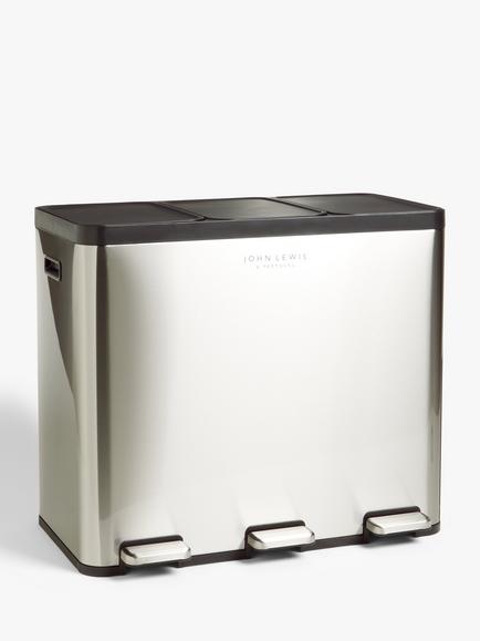 John Lewis 3 Section Recycling Pedal Bin, 60L, Brushed Steel, Stainless Steel