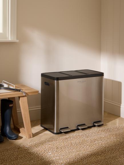 John Lewis 3 Section Recycling Pedal Bin, 60L, Brushed Steel - view 2, Stainless Steel