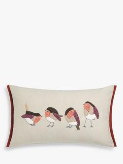John Lewis French Knot Robin Christmas Cushion, Natural/Red