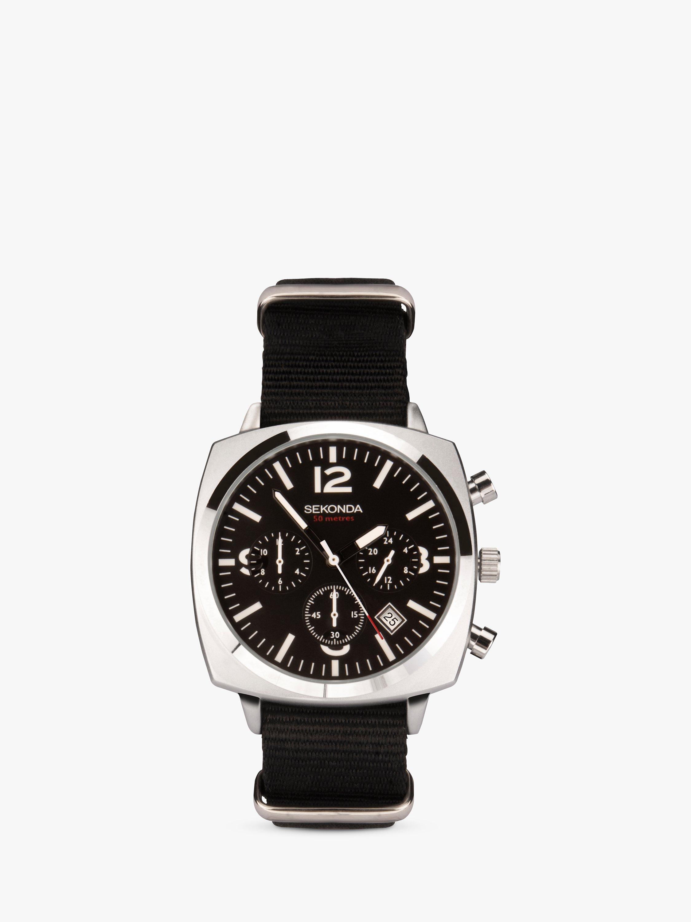Sekonda Men's Square Chronograph Date Fabric Strap Watch, Black/Silver 1989.27
