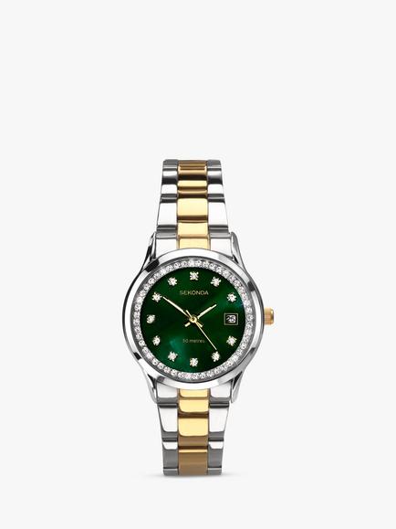 Sekonda 40295.27 Women's Two-Tone Crystal Bracelet Strap Watch, Silver/Gold/Green, Silver/Gold/Green