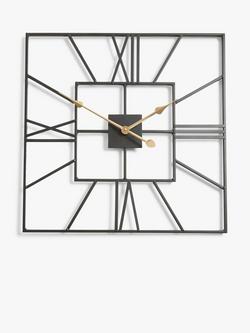 John Lewis Square Skeleton Roman Numeral Analogue Wall Clock, 60cm, Black, Black