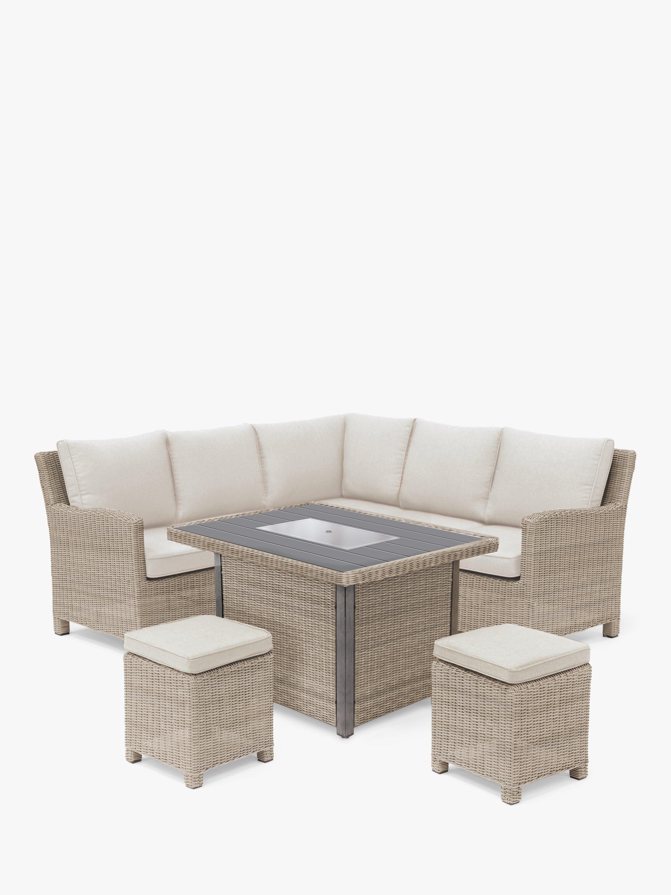 KETTLER Palma 7-Seat Mini Corner Garden Casual Dining Table & Chairs Set with Firepit, Oyster/Stone