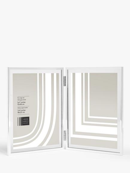 John Lewis Vertical Folding Double Photo Frame & Glass Border, 5 x 7" (13 x 18cm), Silver Plated, Silver Plated