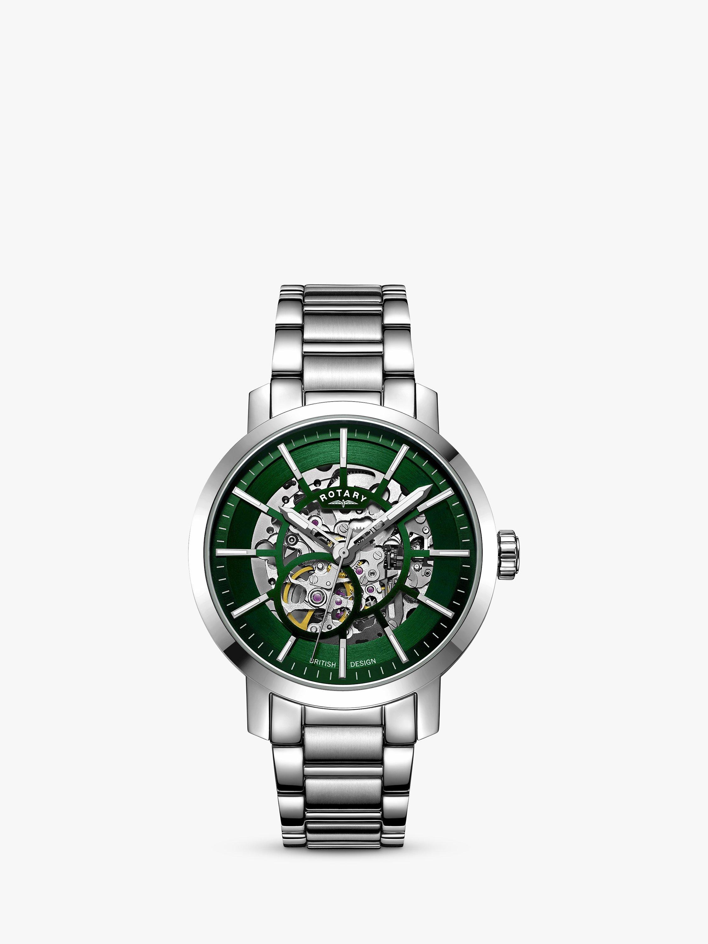 Rotary Men's Greenwich Skeleton Automatic Bracelet Strap Watch, Silver/Green GB05350/24