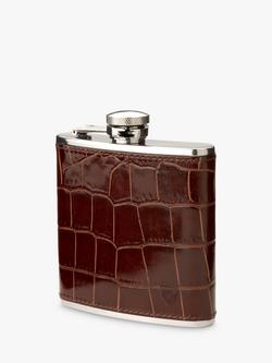 Aspinal of London Classic Croc Leather Stainless Steel Hip Flask, Amazon Brown