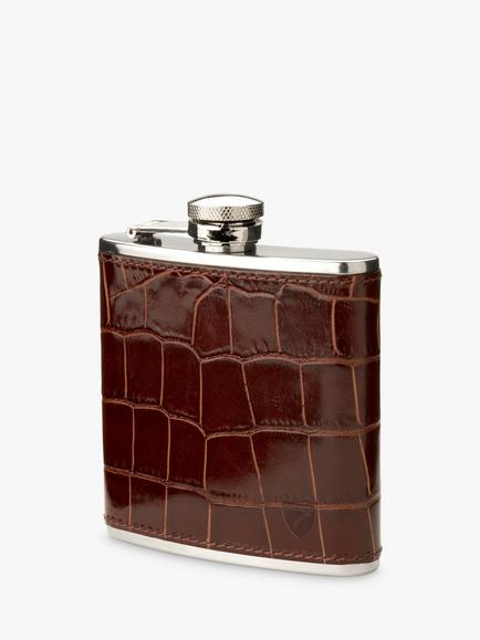 Aspinal of London Classic Croc Leather Stainless Steel Hip Flask, Amazon Brown