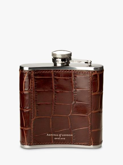 Aspinal of London Classic Croc Leather Stainless Steel Hip Flask - view 2, Amazon Brown