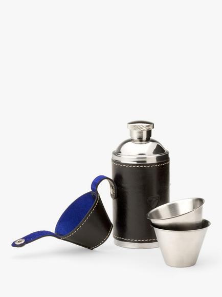 Aspinal of London Smooth Leather Stainless Steel Hunter Flask, Black