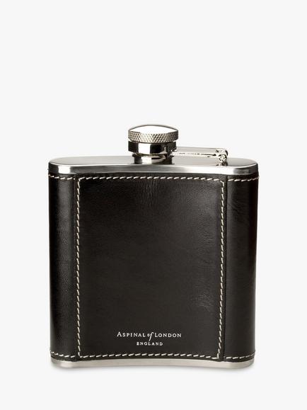 Aspinal of London Classic Smooth Leather Stainless Steel Hip Flask - view 2, Black