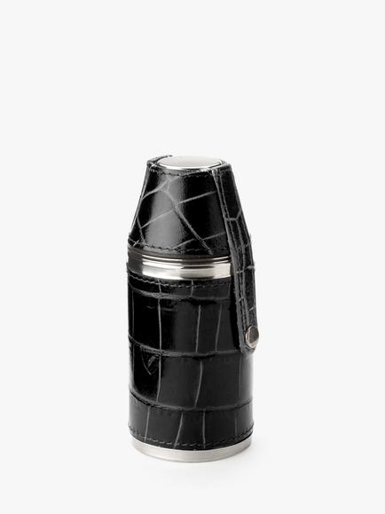 Aspinal of London Croc Leather Stainless Steel Hunter Flask - view 2, Black